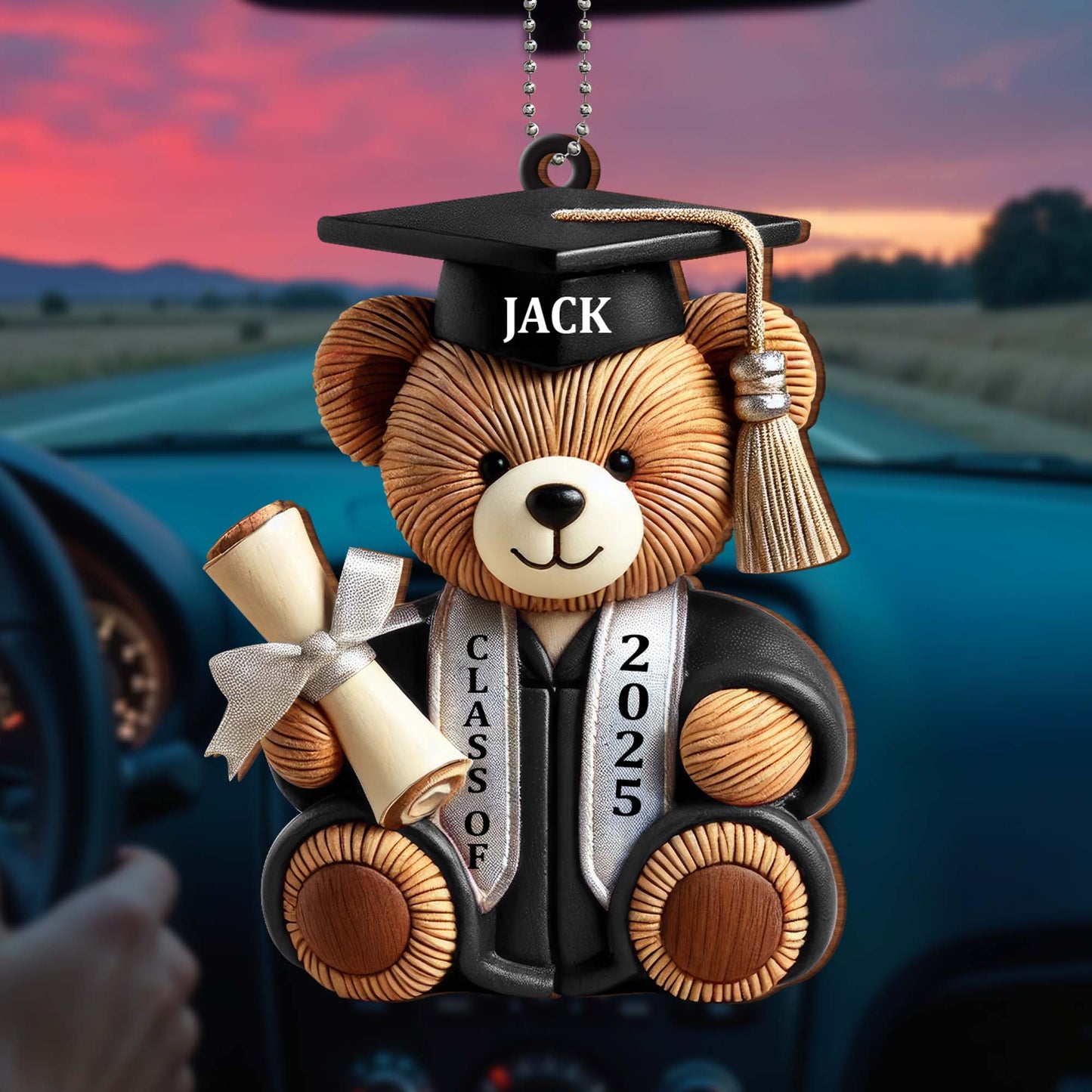 Graduation Teddy Bear With Cap And Diploma - Personalized Custom Wood Ornament, Car Hanging Ornament - GRAD005_WCA