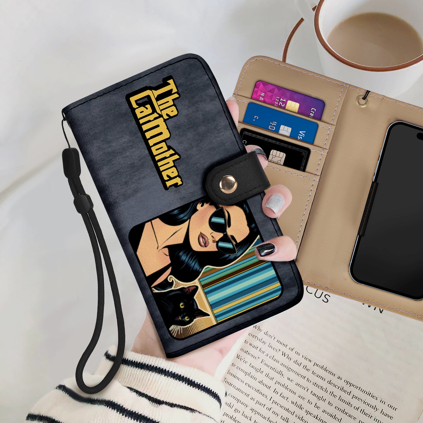 Portefeuille en cuir personnalisé pour téléphone avec motif animalier et texte - QCUSTOM09PW