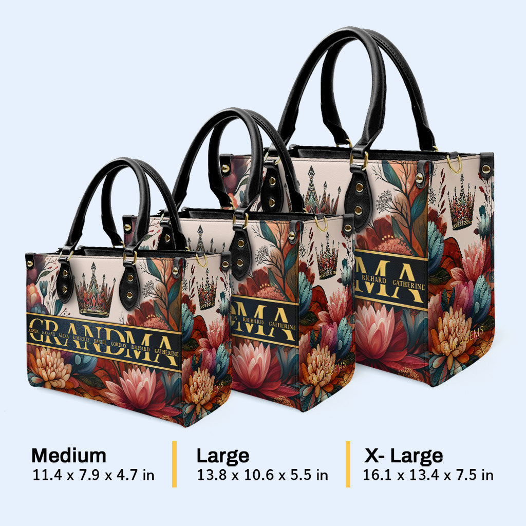 Bolso de mano de cuero personalizado con nombre de niño personalizado con diseño floral - Madre, mamá, abuela, nana - FM015_HB