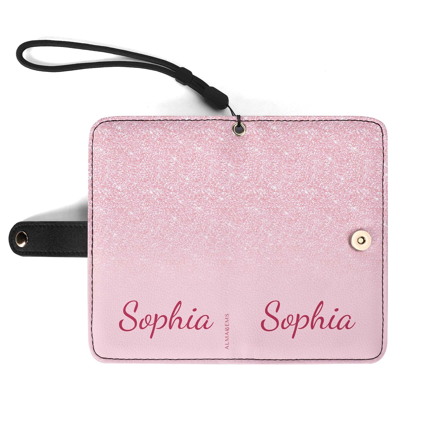 Cartera de cuero personalizada para teléfono con purpurina rosa - A002_PW