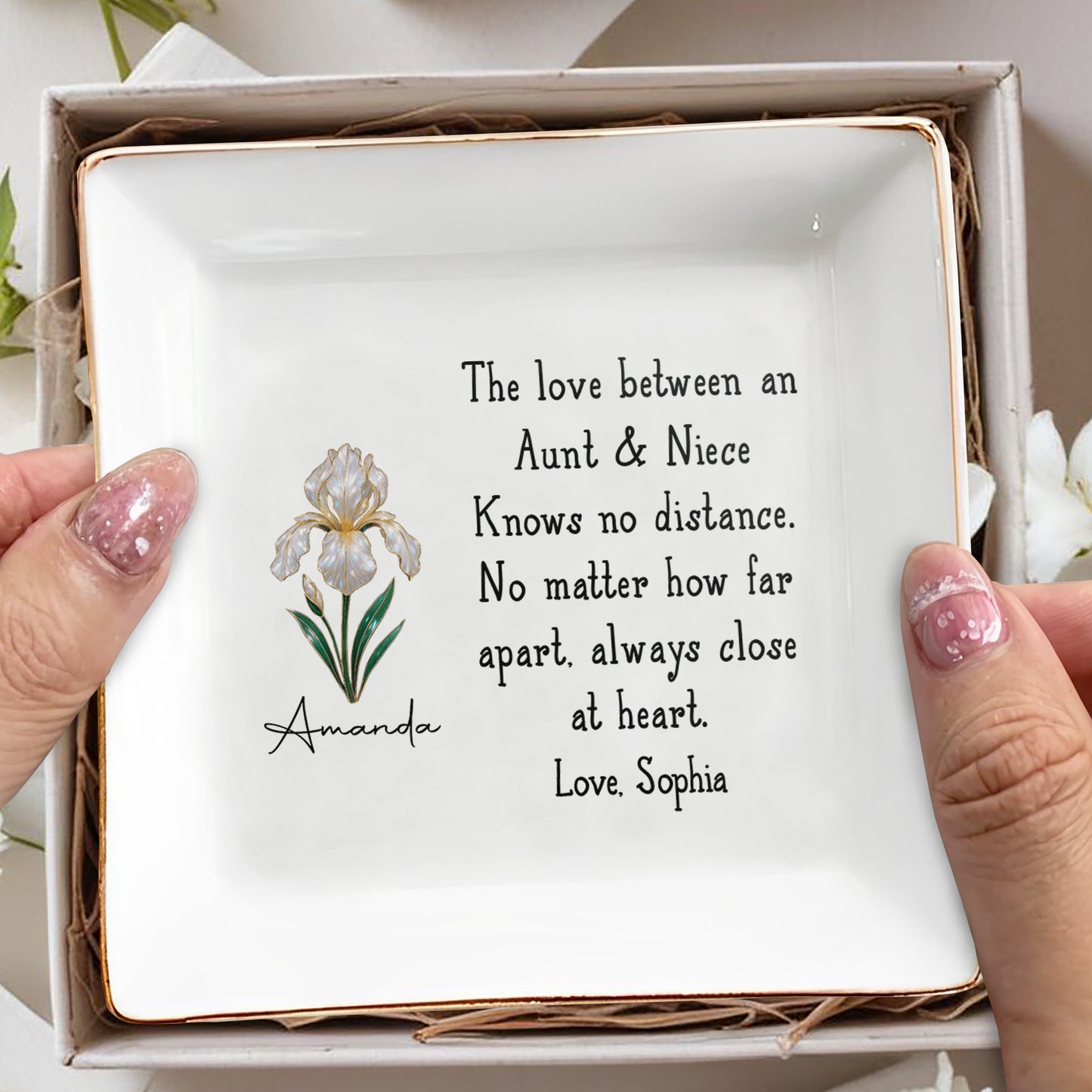 The Love Between Aunt & Niece, Close At Heart Flower Design - Personalized Custom Jewelry Dish, Square Ceramic Dish - AUNT005_SCRD