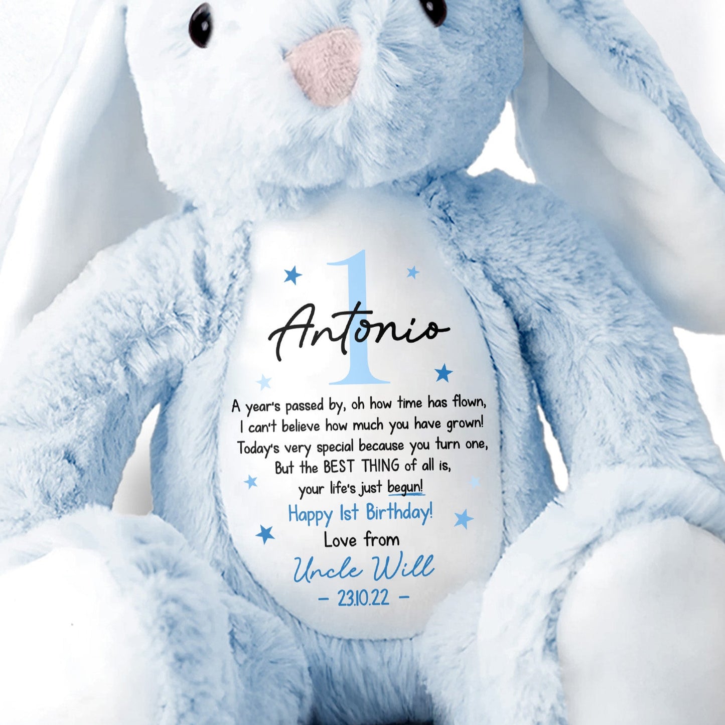 Happy 1st Birthday Your Life's Just Begun With Stars - Personalized Stuffed Bunny - BDAY006_BUN
