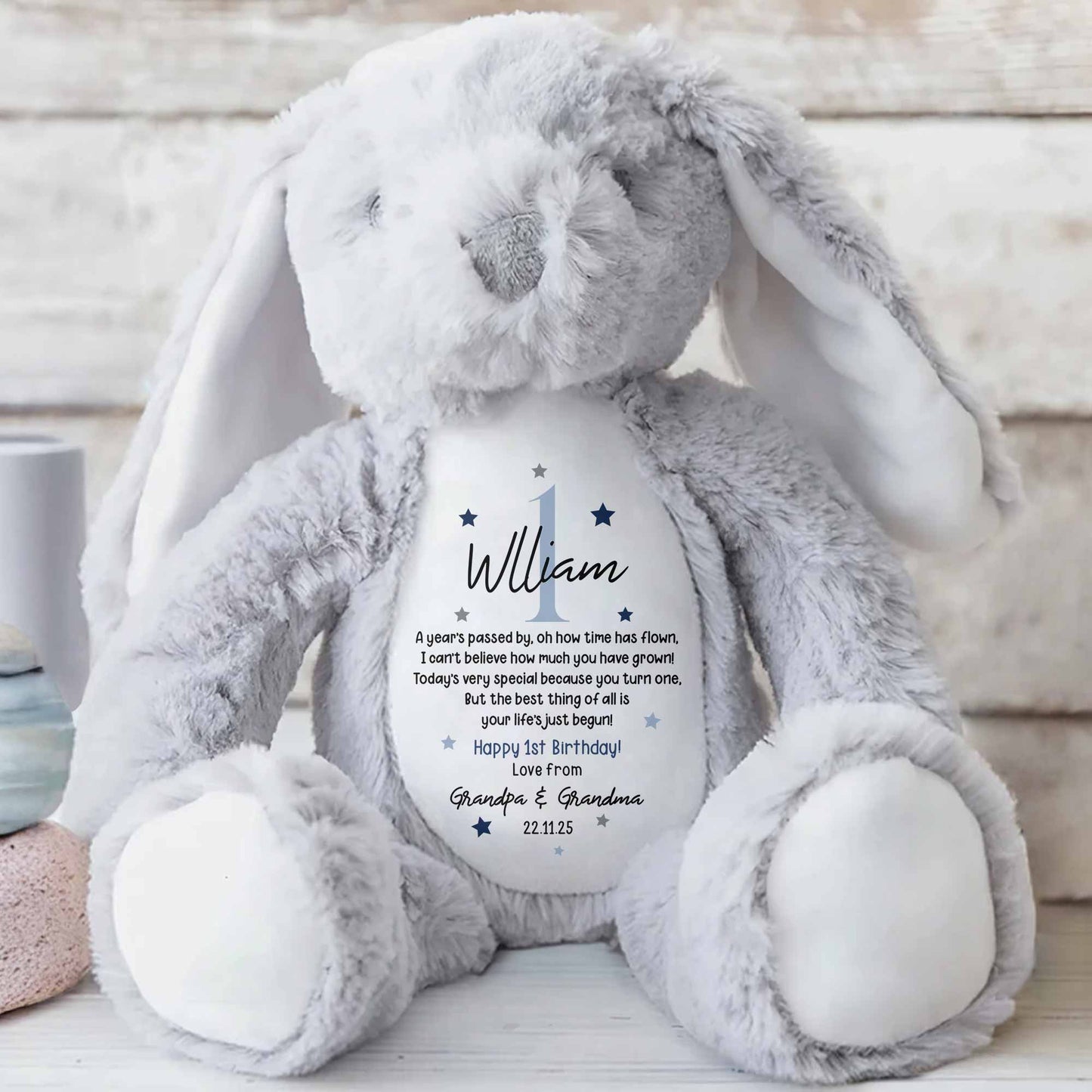 A Year's Passed By, Oh How Time Has Flown, Happy 1st Birthday, Personalized Stuffed Bunny With Stars