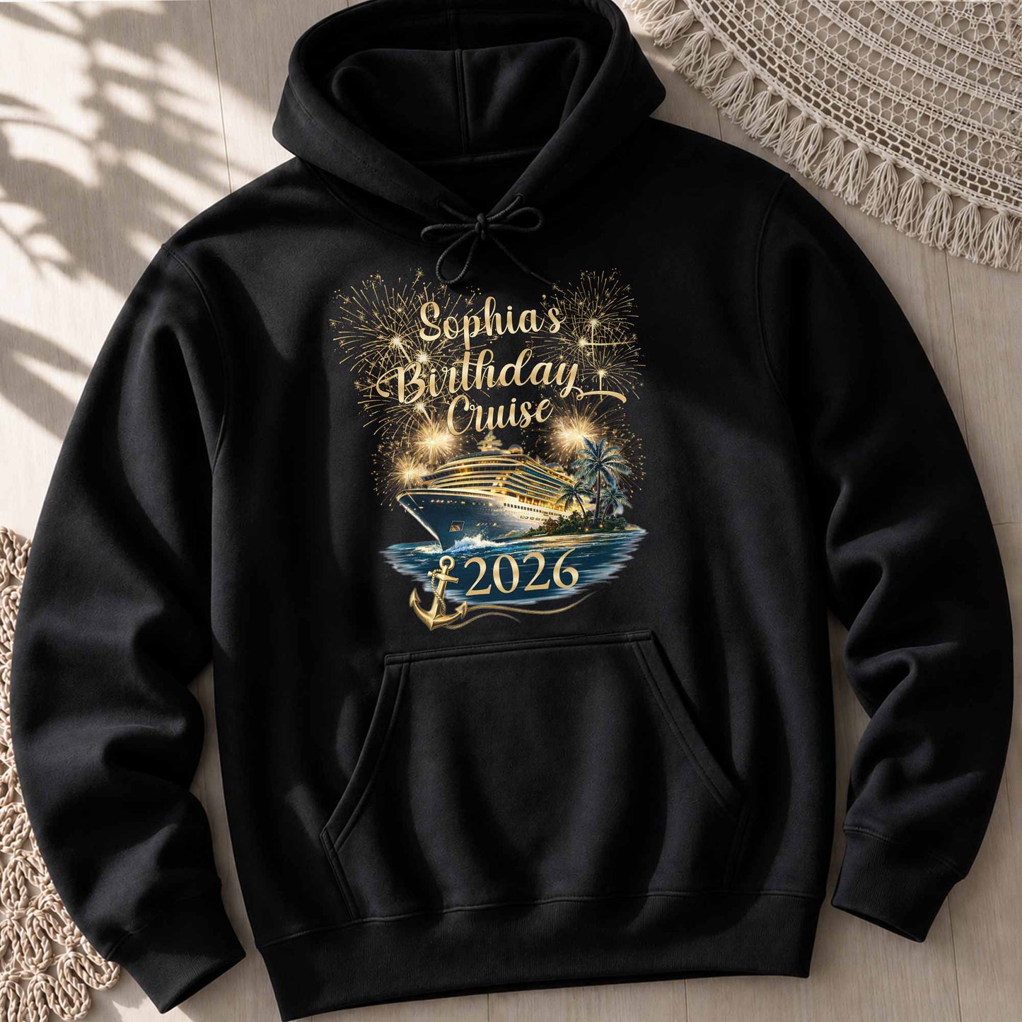 Birthday Cruise With Fireworks And Cruise Ship Design - Personalized Custom Unisex T-shirt, Hoodie - BDAY026_BBAS