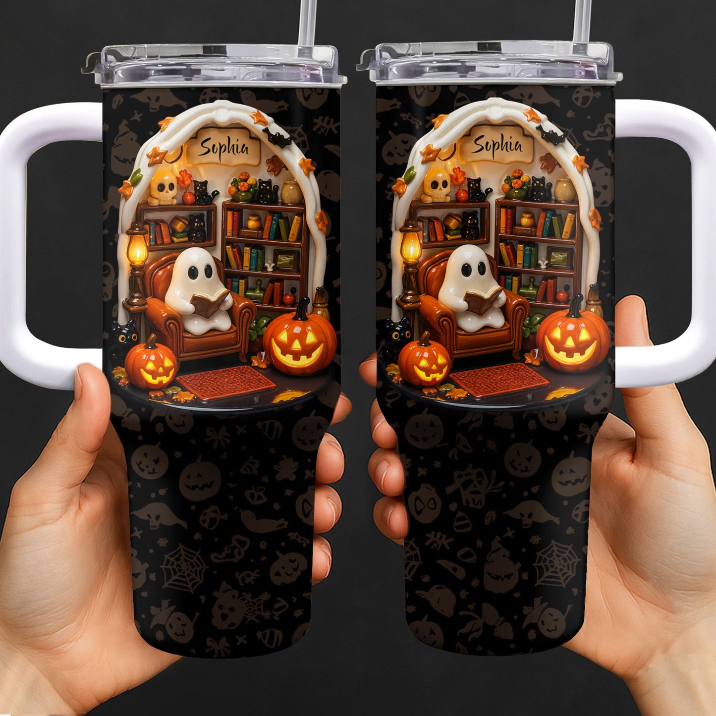 Sophia’s Reading Nook, Ghost And Pumpkin Design - Personalized 40oz Tumbler With Straw - BLV002_TBS