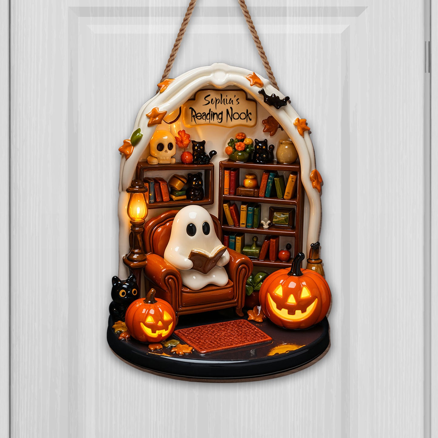 Sophia's Reading Nook With Ghost, Pumpkins, And Books