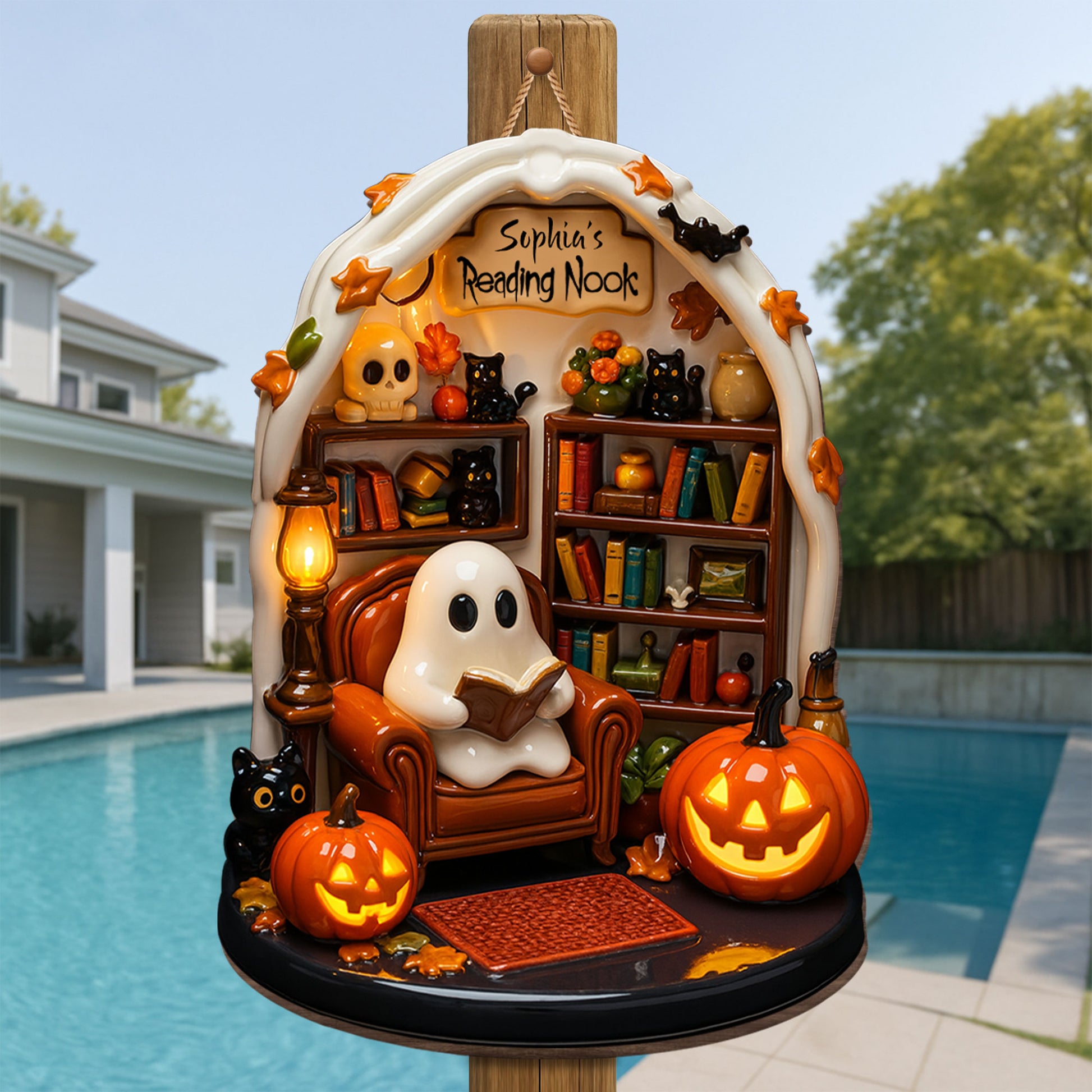 Sophia's Reading Nook With Ghost, Pumpkins, And Books