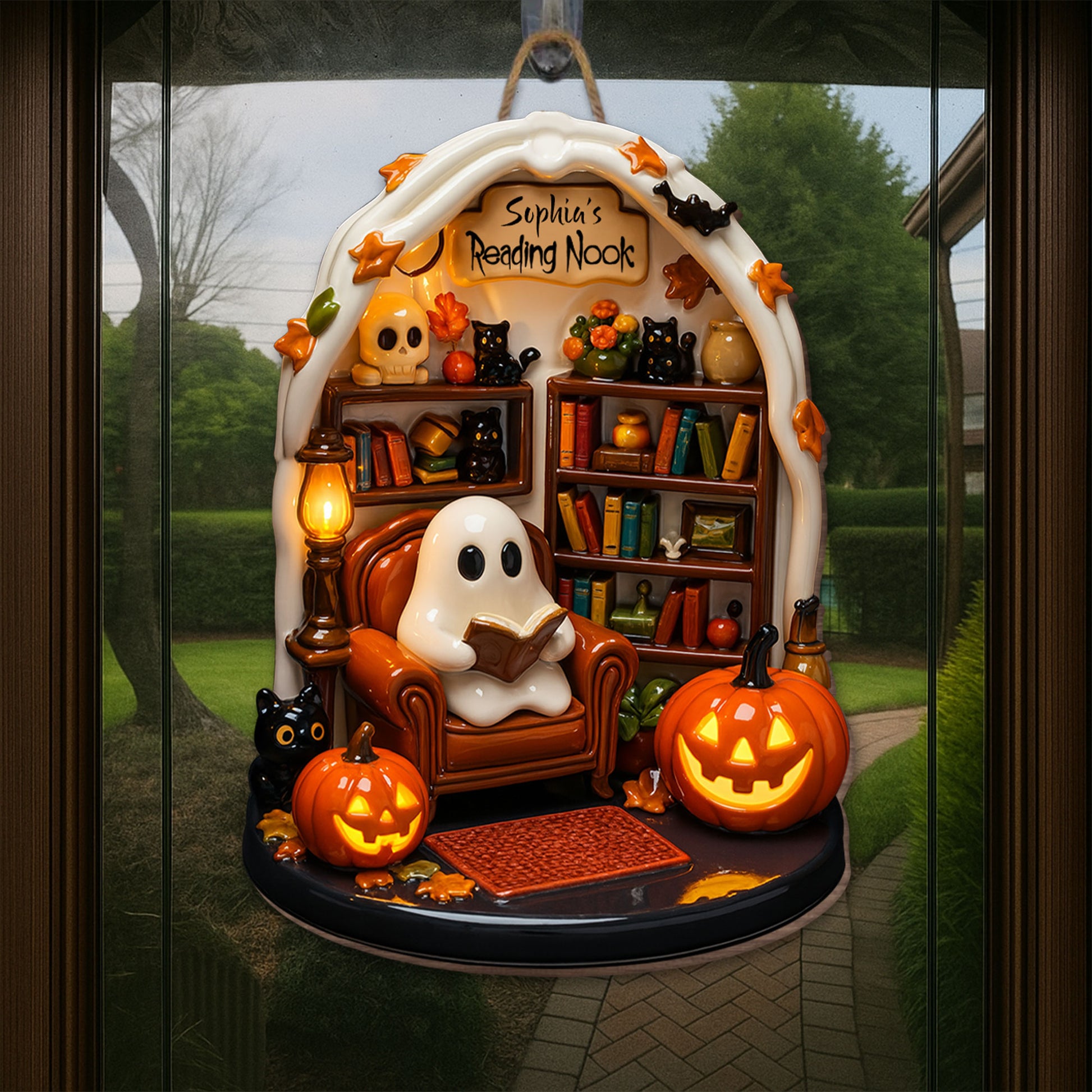 Sophia's Reading Nook With Ghost, Pumpkins, And Books