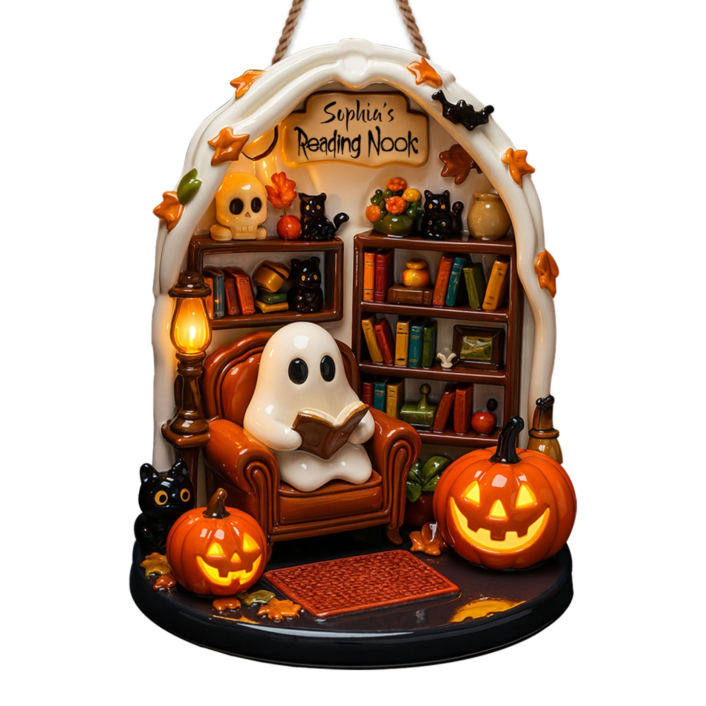 Sophia's Reading Nook With Ghost, Pumpkins, And Books
