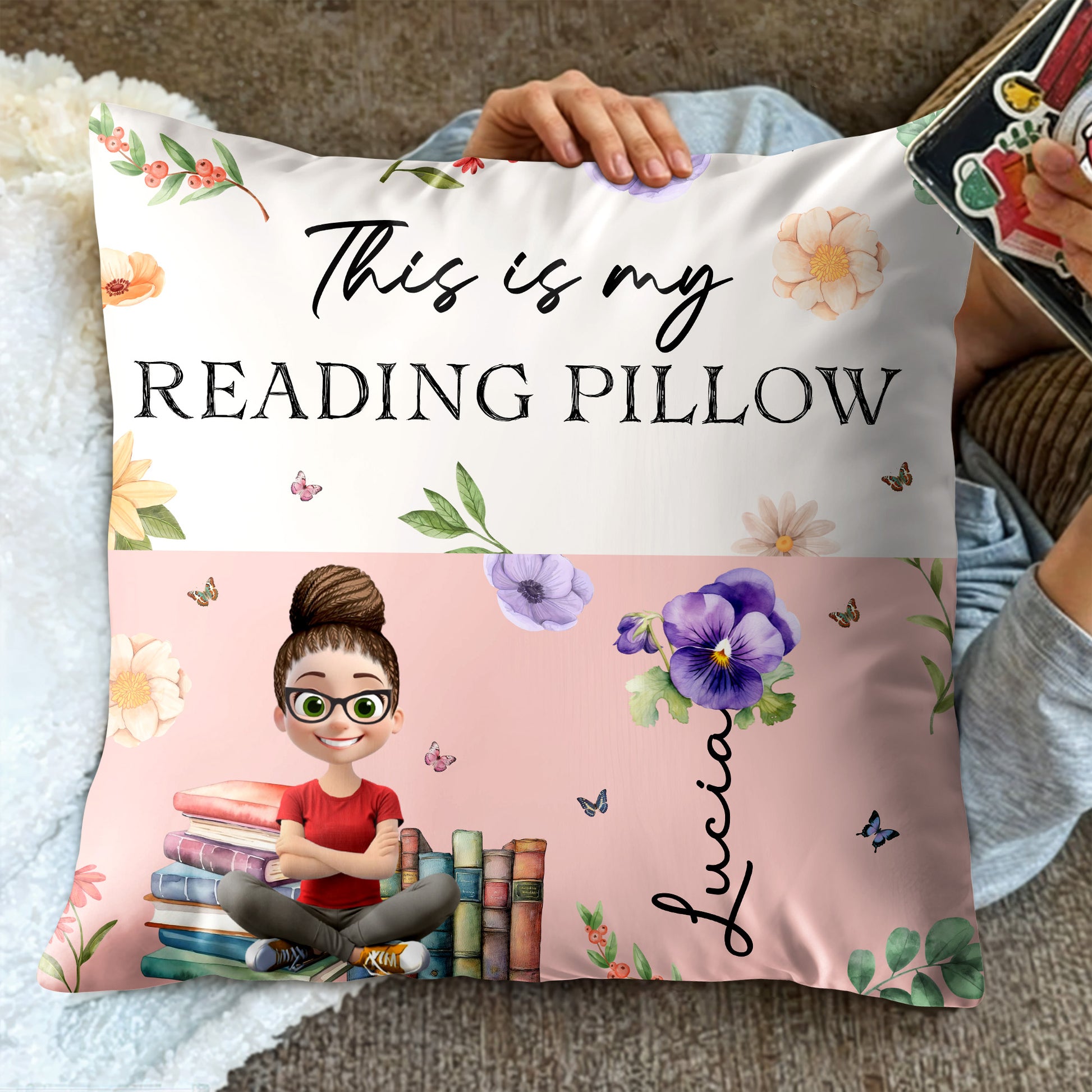 This Is My Reading Pillow With Books And Flowers