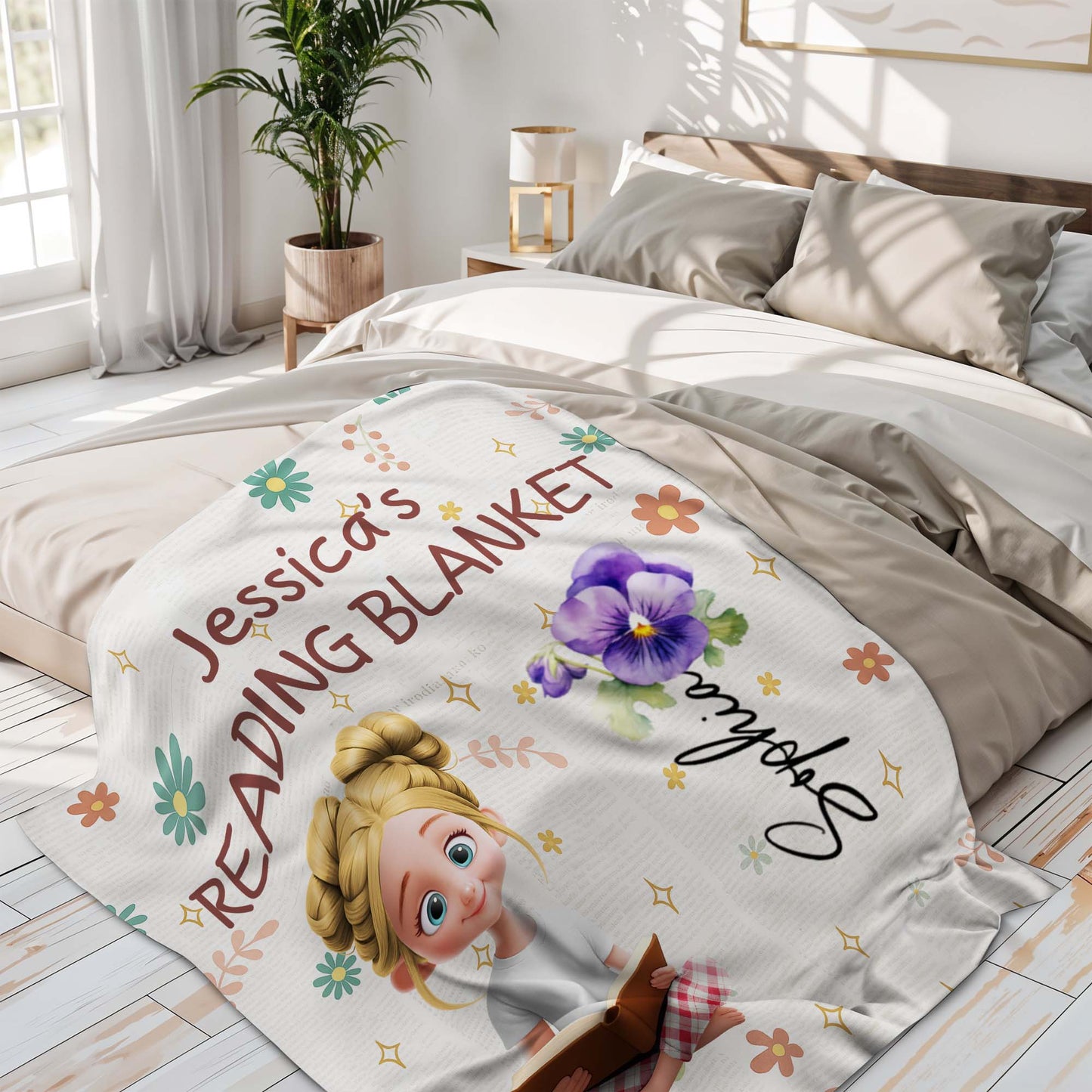 Jessica's Reading Blanket Featuring a Reading Girl and Flowers