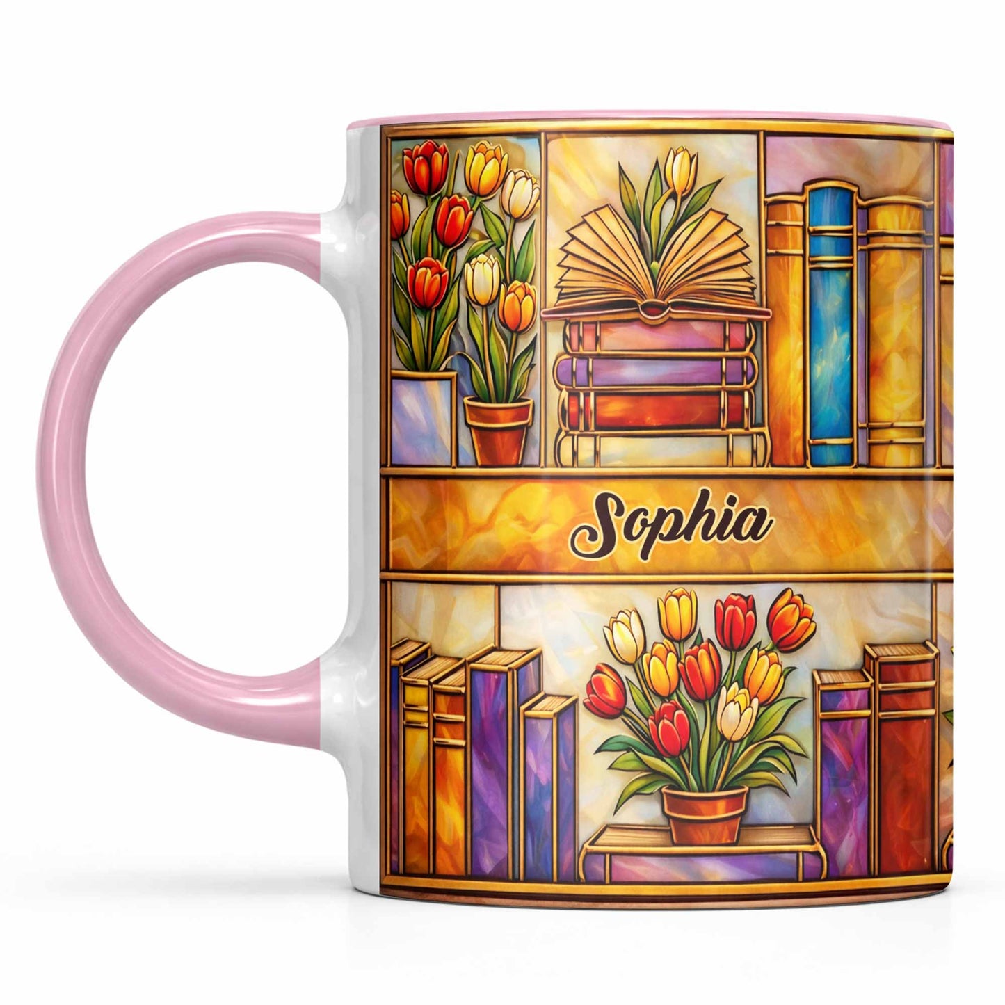 Stained Glass Style Library With Tulips And Books For Readers