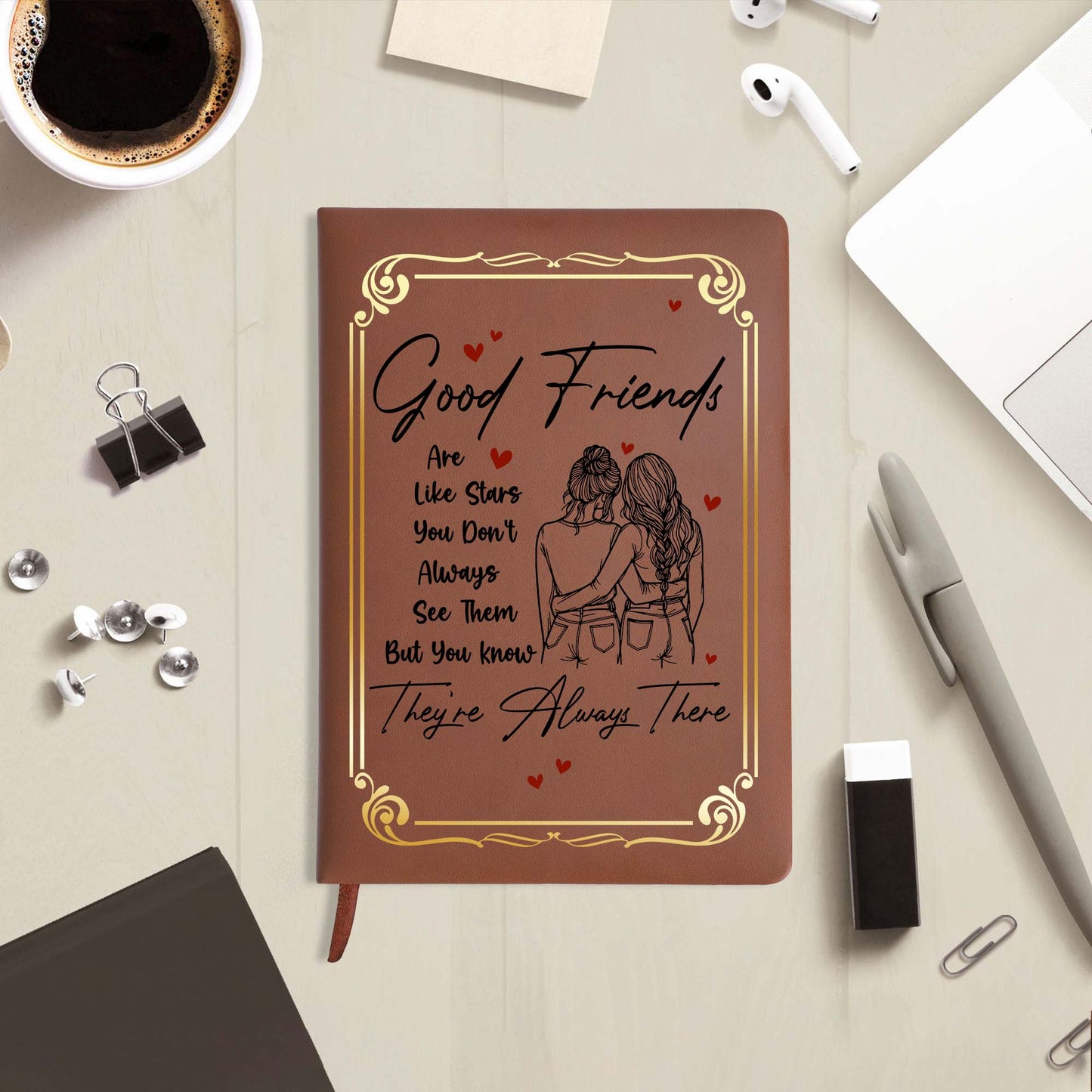 Les bons amis sont comme des étoiles - Citation inspirante - Journal en cuir personnalisé - BST024_JRNL