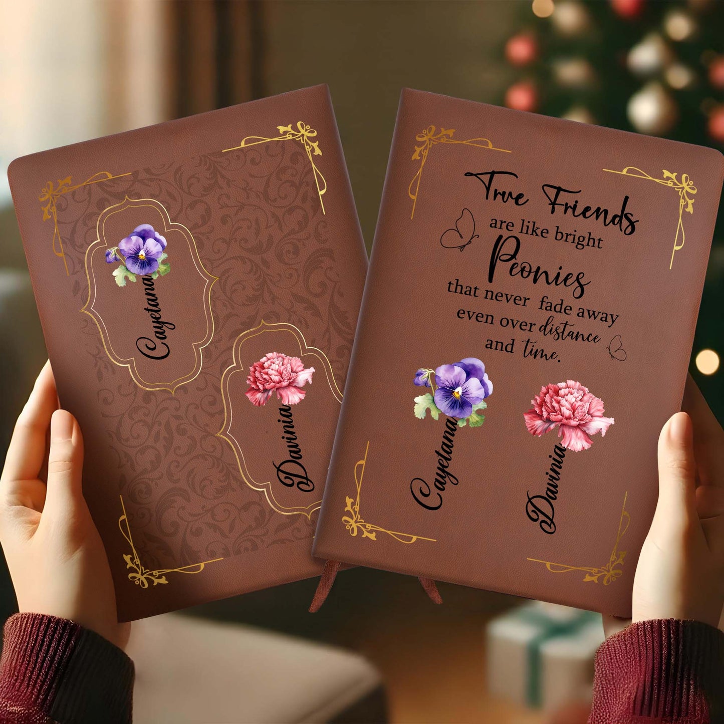 Journal en cuir personnalisé avec citation « Pivoines lumineuses » de True Friends - BST030_JRNL