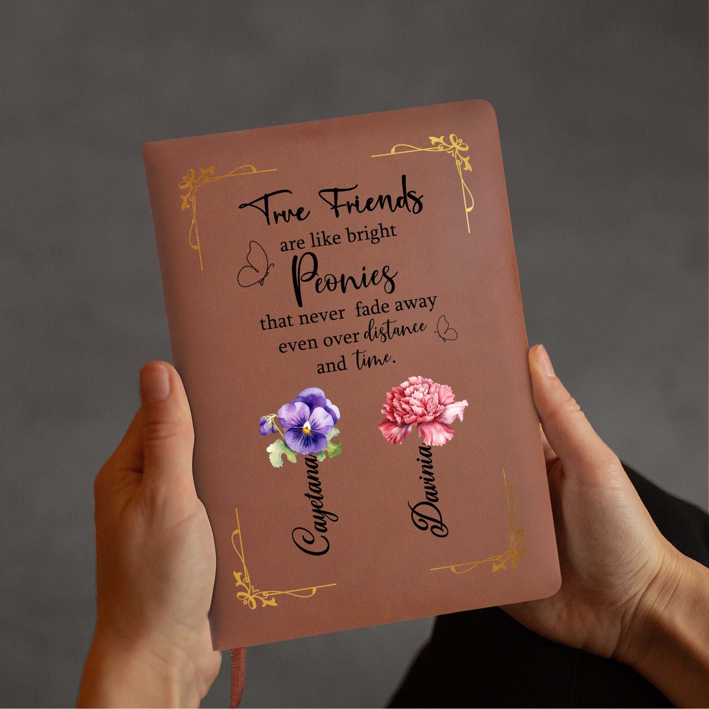 Journal en cuir personnalisé avec citation « Pivoines lumineuses » de True Friends - BST030_JRNL