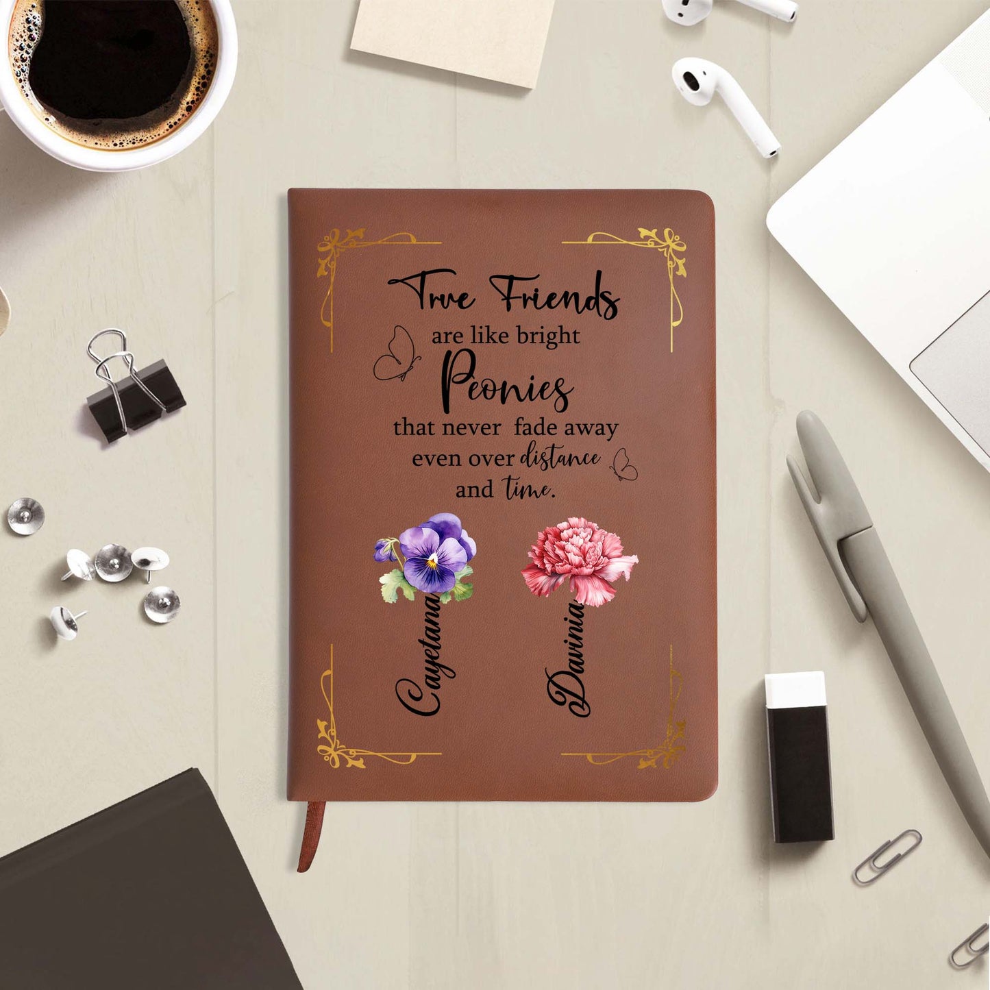 Journal en cuir personnalisé avec citation « Pivoines lumineuses » de True Friends - BST030_JRNL