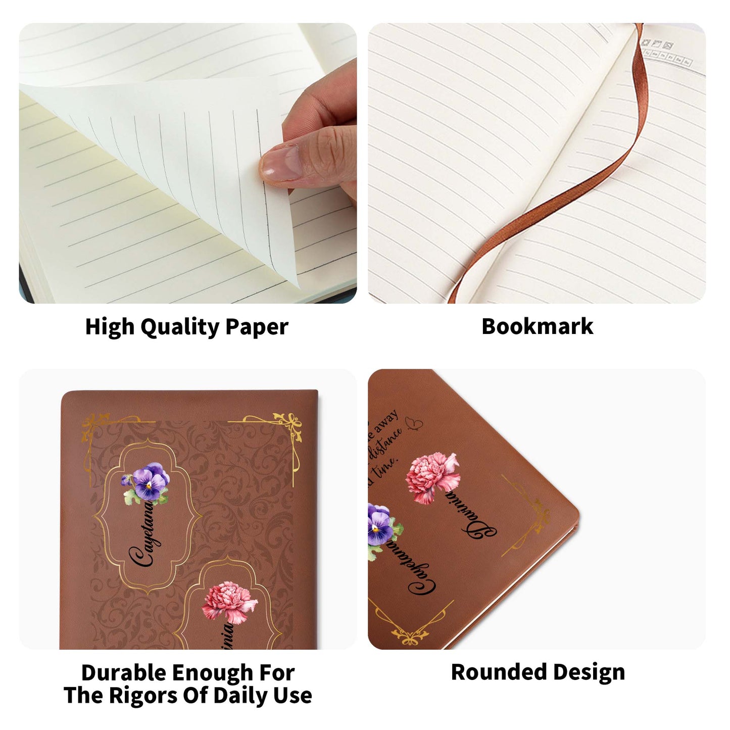Journal en cuir personnalisé avec citation « Pivoines lumineuses » de True Friends - BST030_JRNL