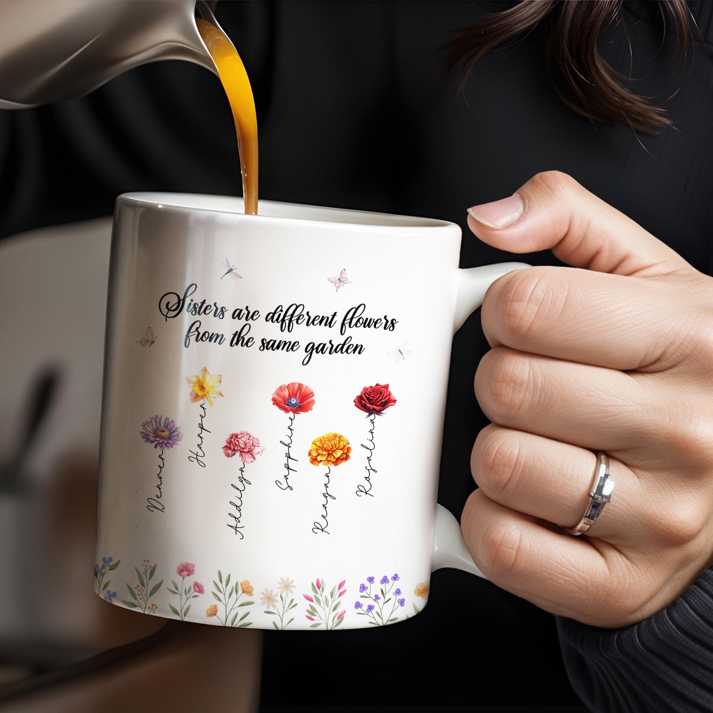 Sisters Different Flowers Same Garden Beautiful Floral Design - Personalized Custom Coffee Mug - BST043_MG
