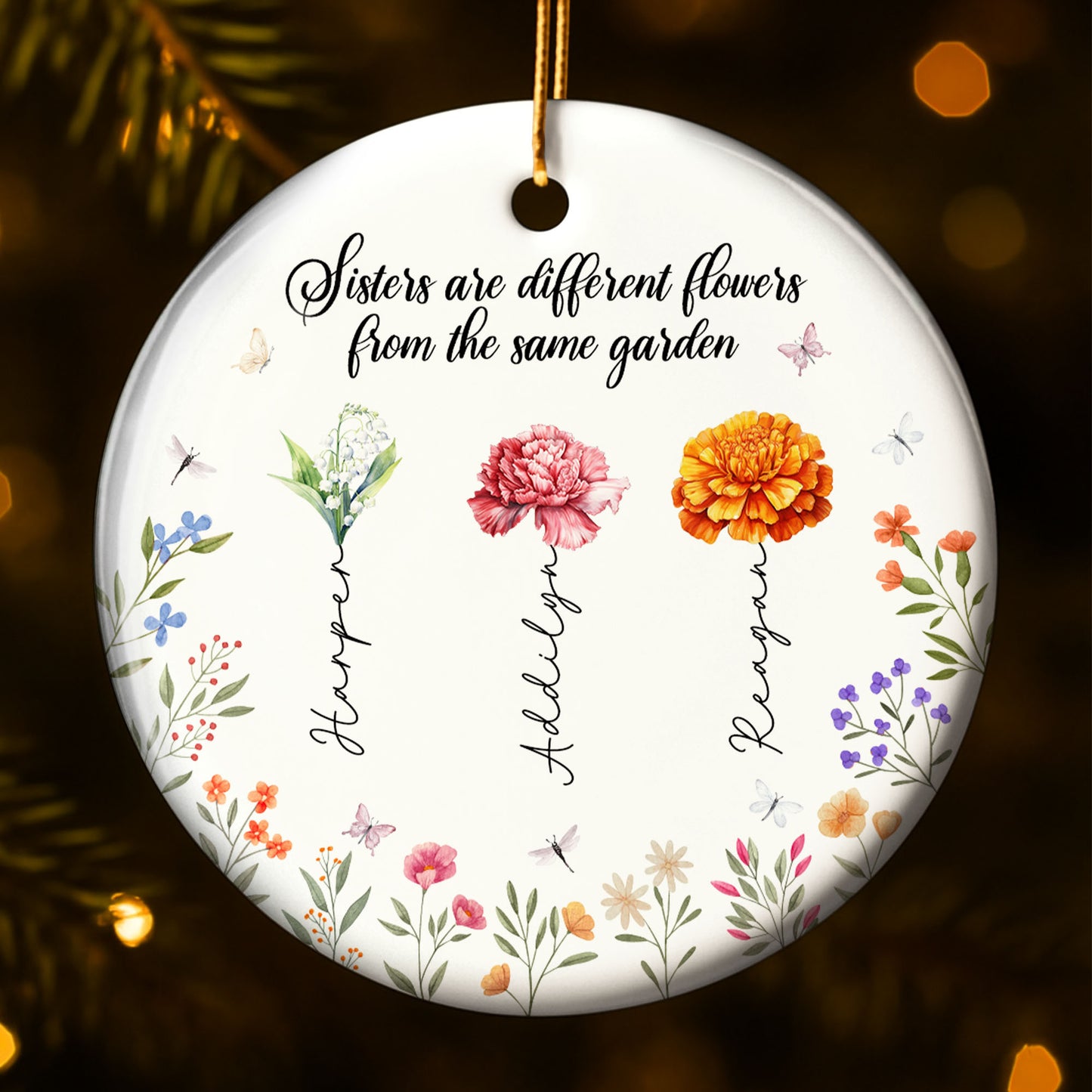 Les sœurs sont différentes. Fleurs du même jardin – Ornement en céramique personnalisé de forme ronde – BST043_RCE