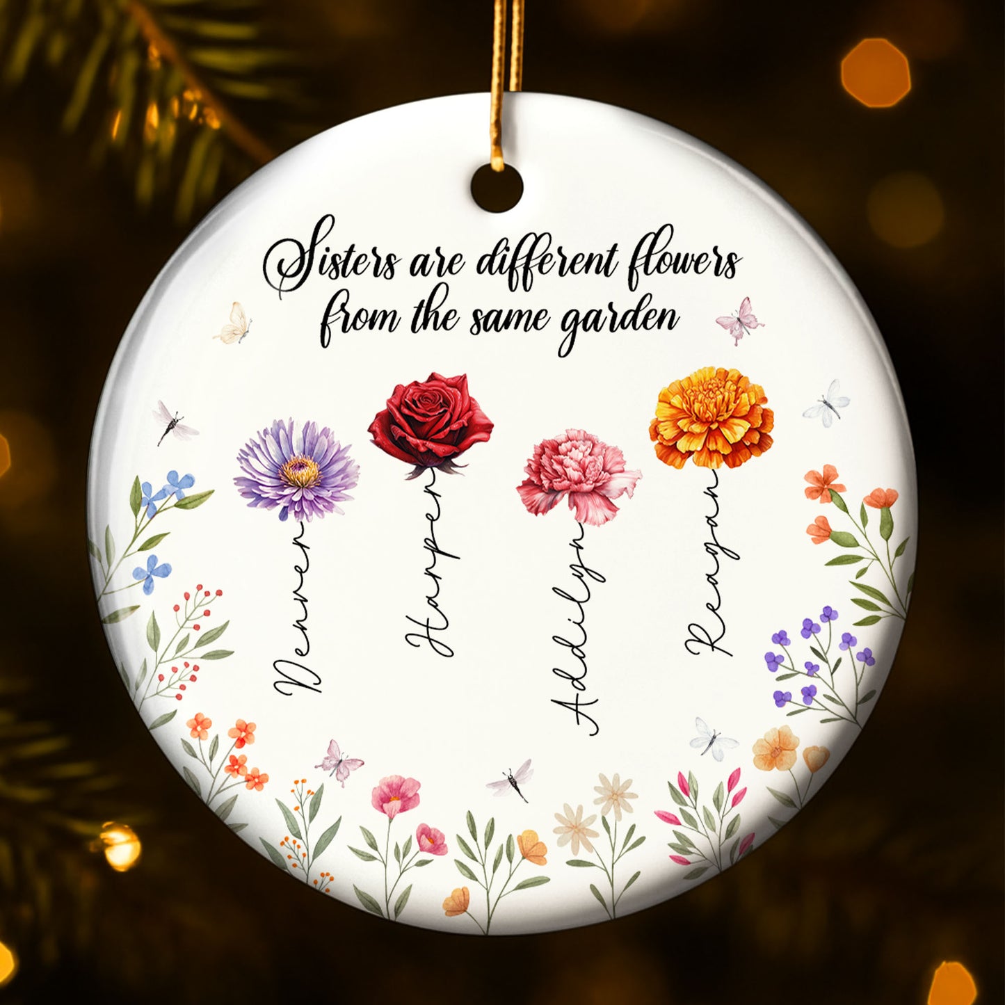Les sœurs sont différentes. Fleurs du même jardin – Ornement en céramique personnalisé de forme ronde – BST043_RCE