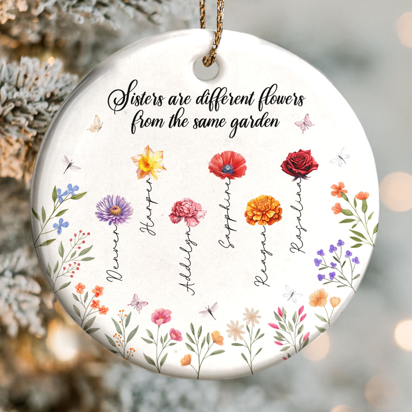 Les sœurs sont différentes. Fleurs du même jardin – Ornement en céramique personnalisé de forme ronde – BST043_RCE