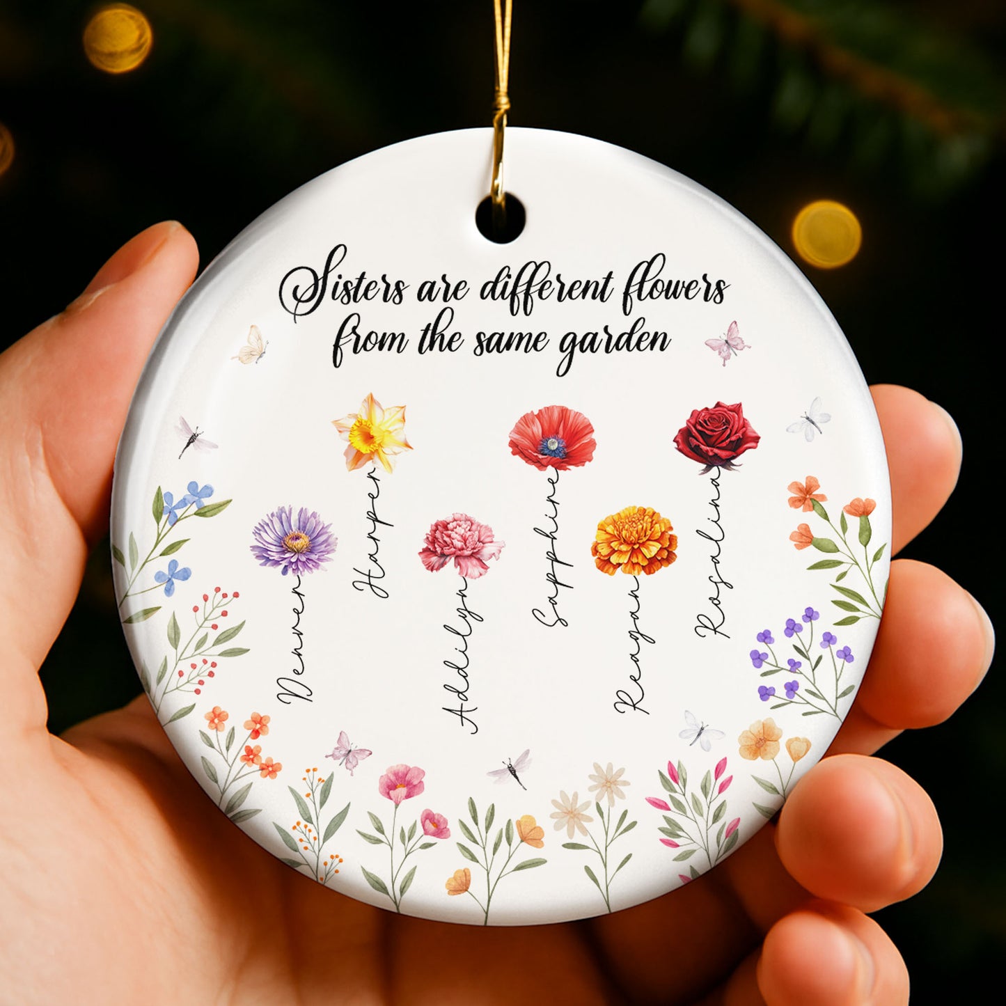 Les sœurs sont différentes. Fleurs du même jardin – Ornement en céramique personnalisé de forme ronde – BST043_RCE