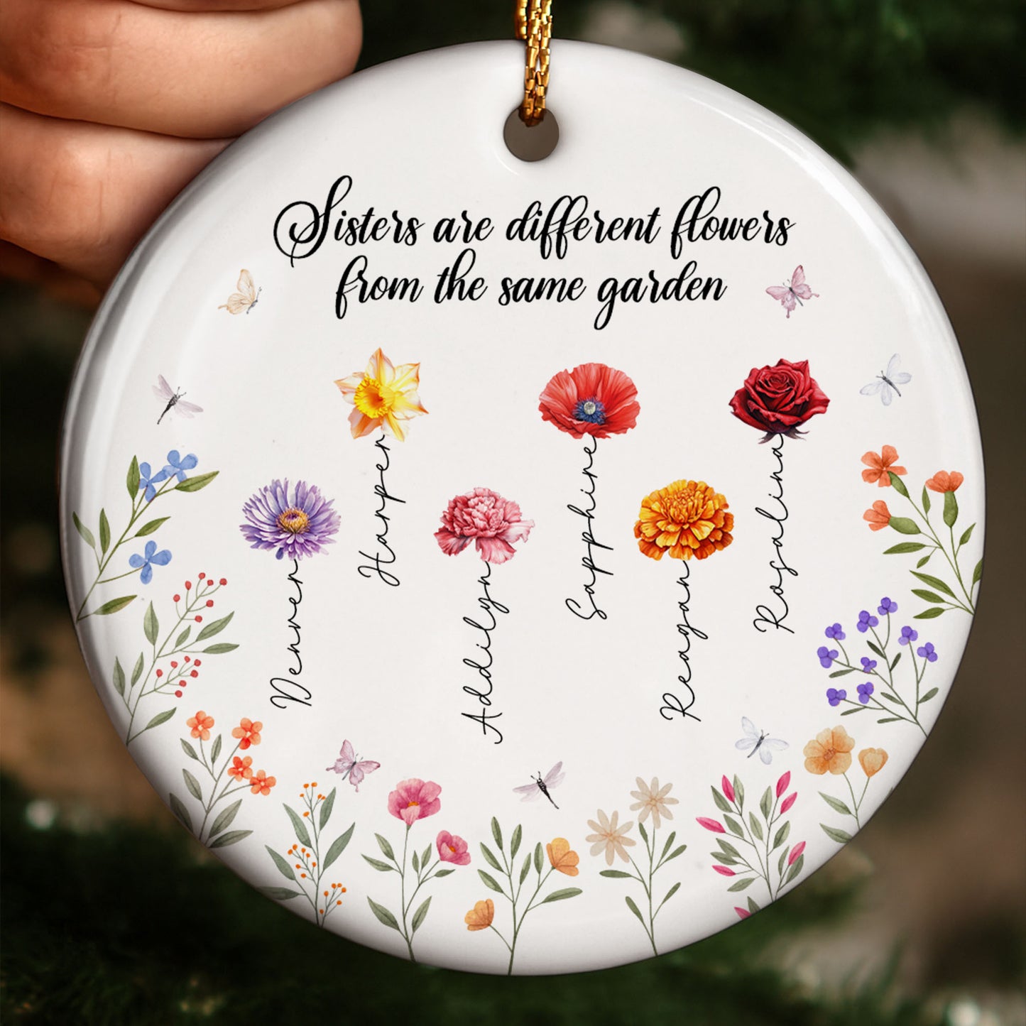 Les sœurs sont différentes. Fleurs du même jardin – Ornement en céramique personnalisé de forme ronde – BST043_RCE