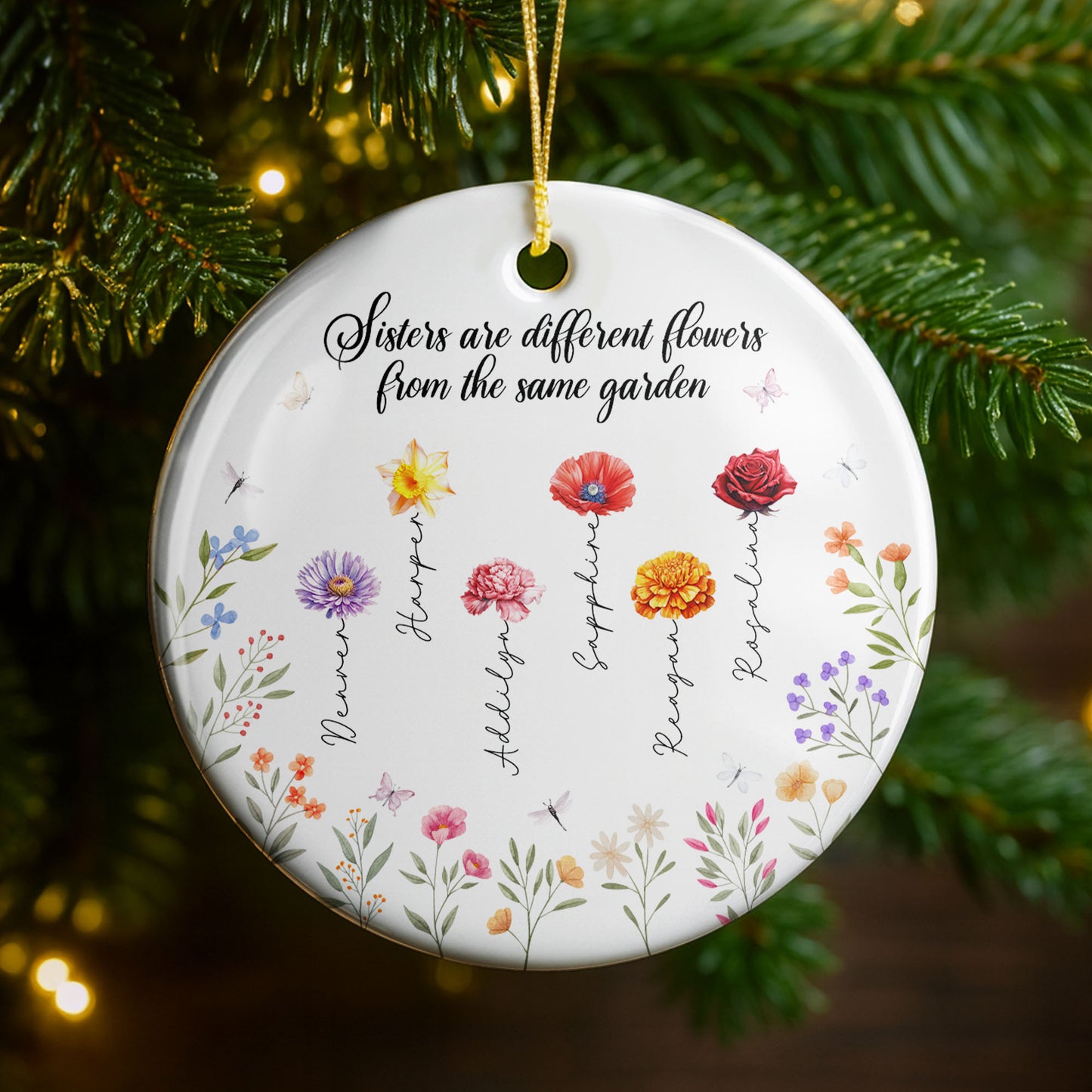 Les sœurs sont différentes. Fleurs du même jardin – Ornement en céramique personnalisé de forme ronde – BST043_RCE