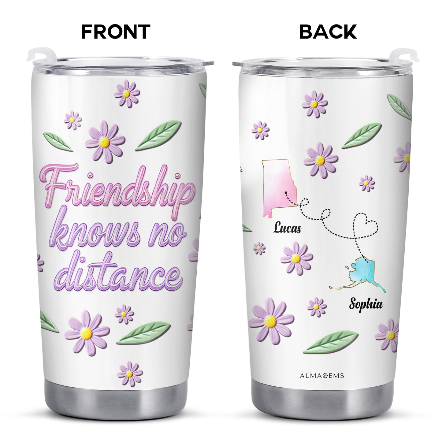 L'amitié ne connaît pas de distance avec des fleurs et des contours d'État - Gobelet personnalisé en acier inoxydable 20 oz 30 oz - BST053_TB