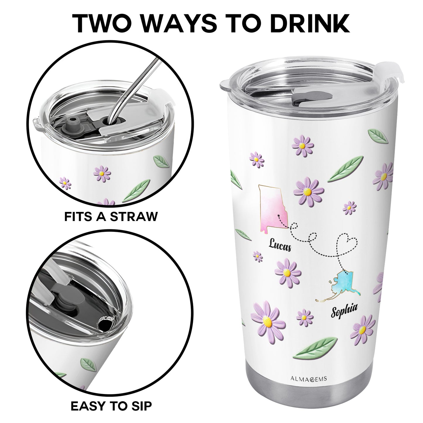 L'amitié ne connaît pas de distance avec des fleurs et des contours d'État - Gobelet personnalisé en acier inoxydable 20 oz 30 oz - BST053_TB