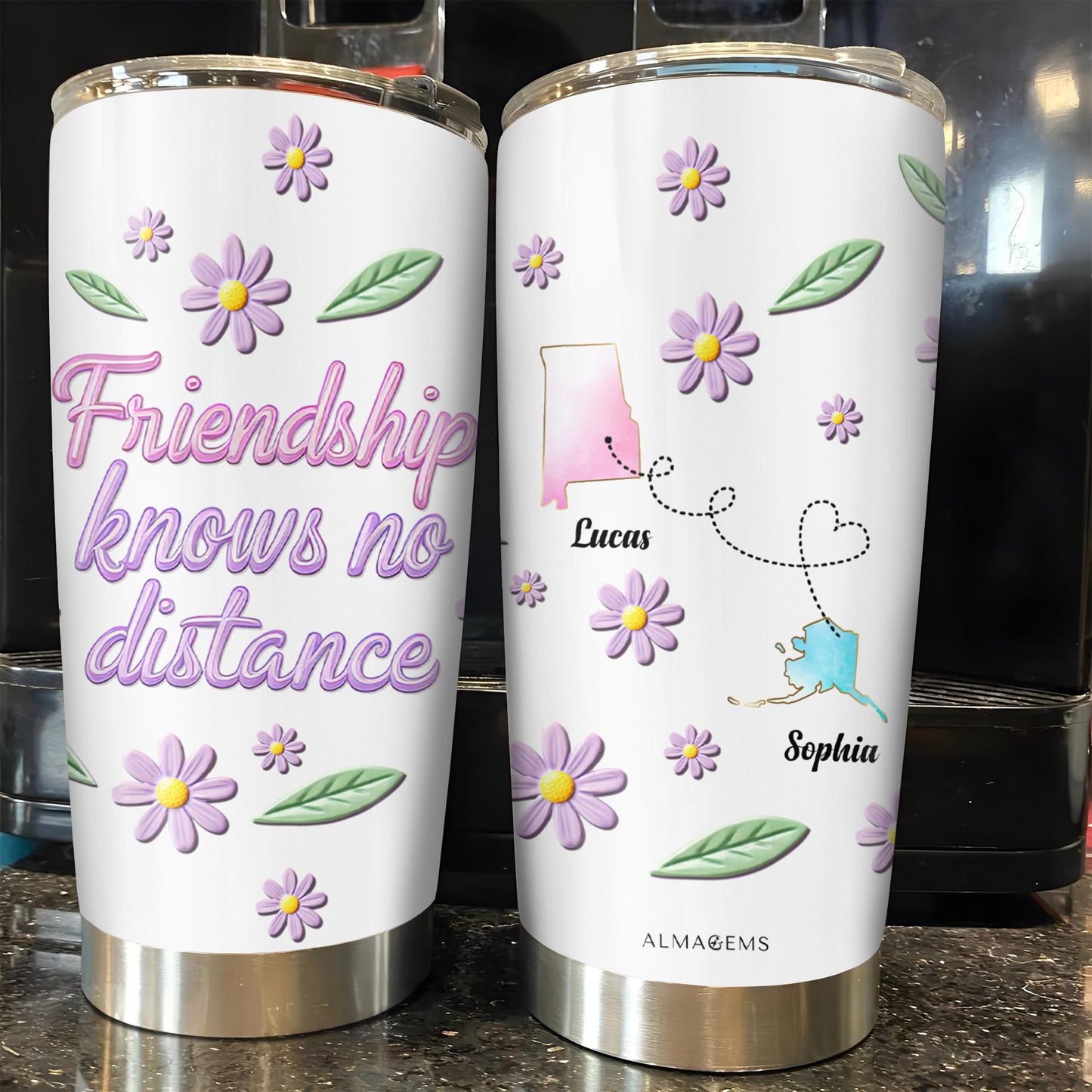 L'amitié ne connaît pas de distance avec des fleurs et des contours d'État - Gobelet personnalisé en acier inoxydable 20 oz 30 oz - BST053_TB