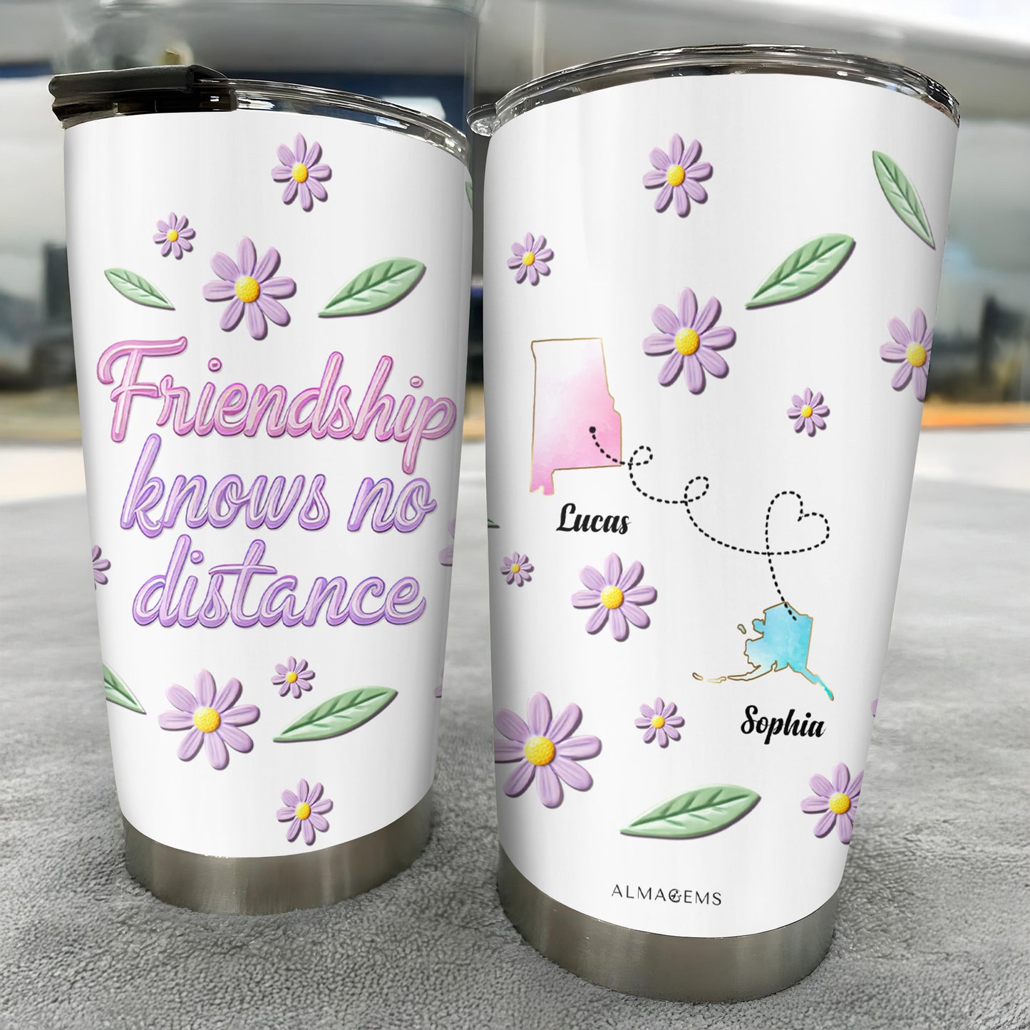 L'amitié ne connaît pas de distance avec des fleurs et des contours d'État - Gobelet personnalisé en acier inoxydable 20 oz 30 oz - BST053_TB