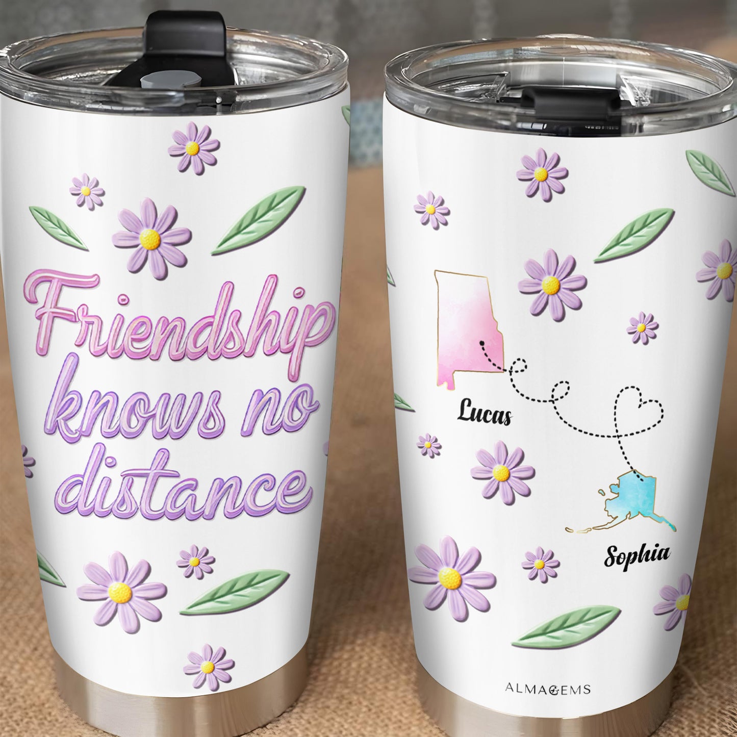 L'amitié ne connaît pas de distance avec des fleurs et des contours d'État - Gobelet personnalisé en acier inoxydable 20 oz 30 oz - BST053_TB