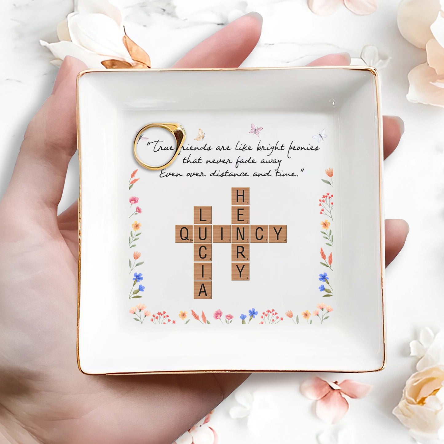 True Friends Bright Peonies Custom Jewelry Dish