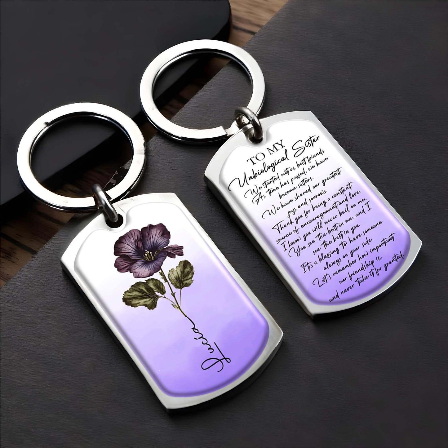 To My Unbiological Sister With Pansy Flower Keychain