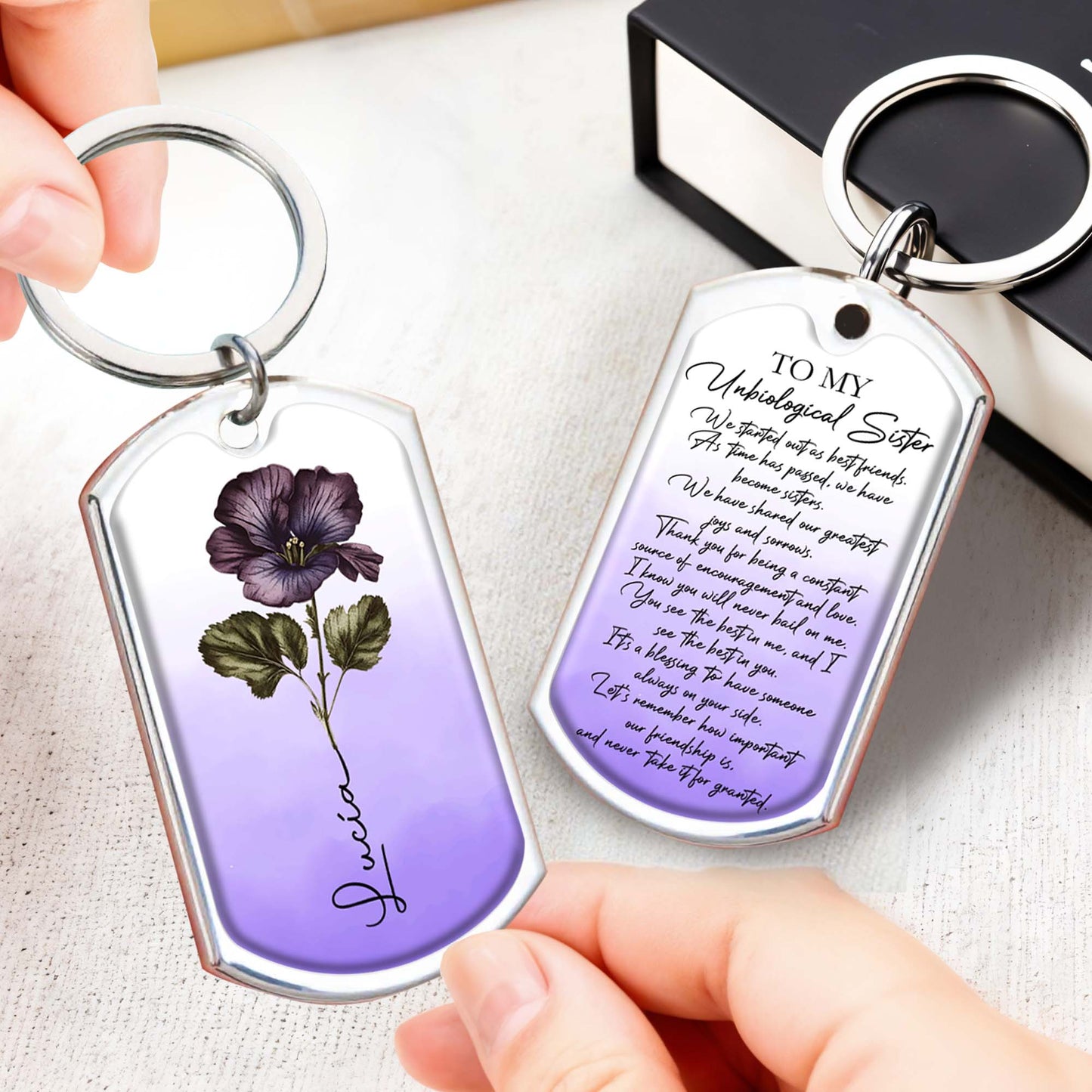 To My Unbiological Sister With Pansy Flower Keychain