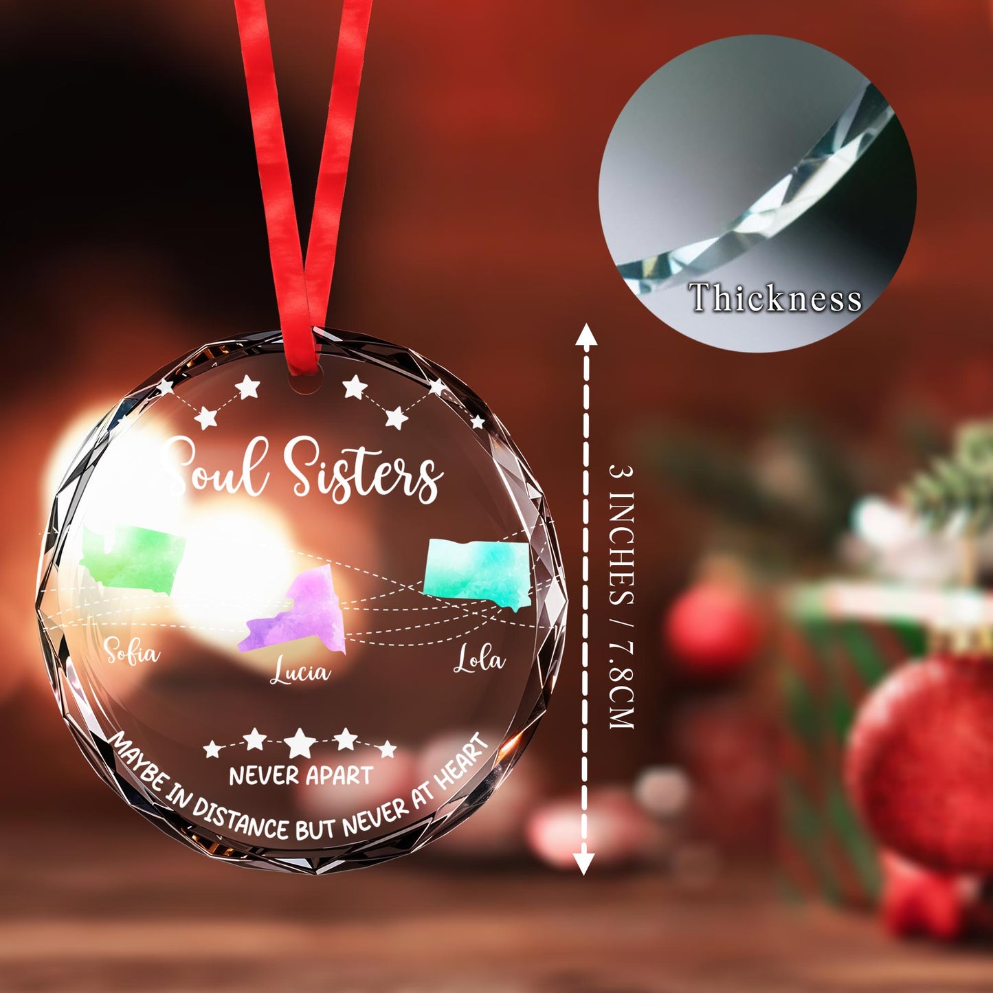 Soul Sisters Maybe In Distance But Never At Heart Ornament - Personalized Custom Circle Glass Ornament - BST096_CGOR