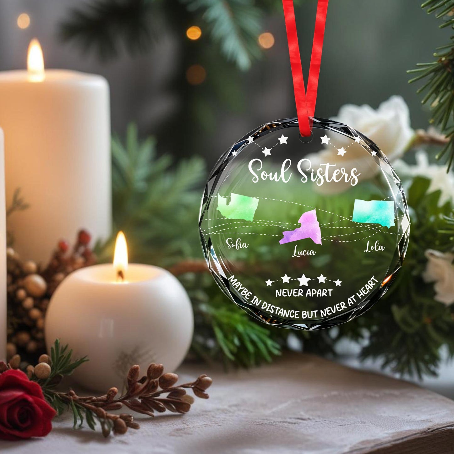 Soul Sisters Maybe In Distance But Never At Heart Ornament - Personalized Custom Circle Glass Ornament - BST096_CGOR