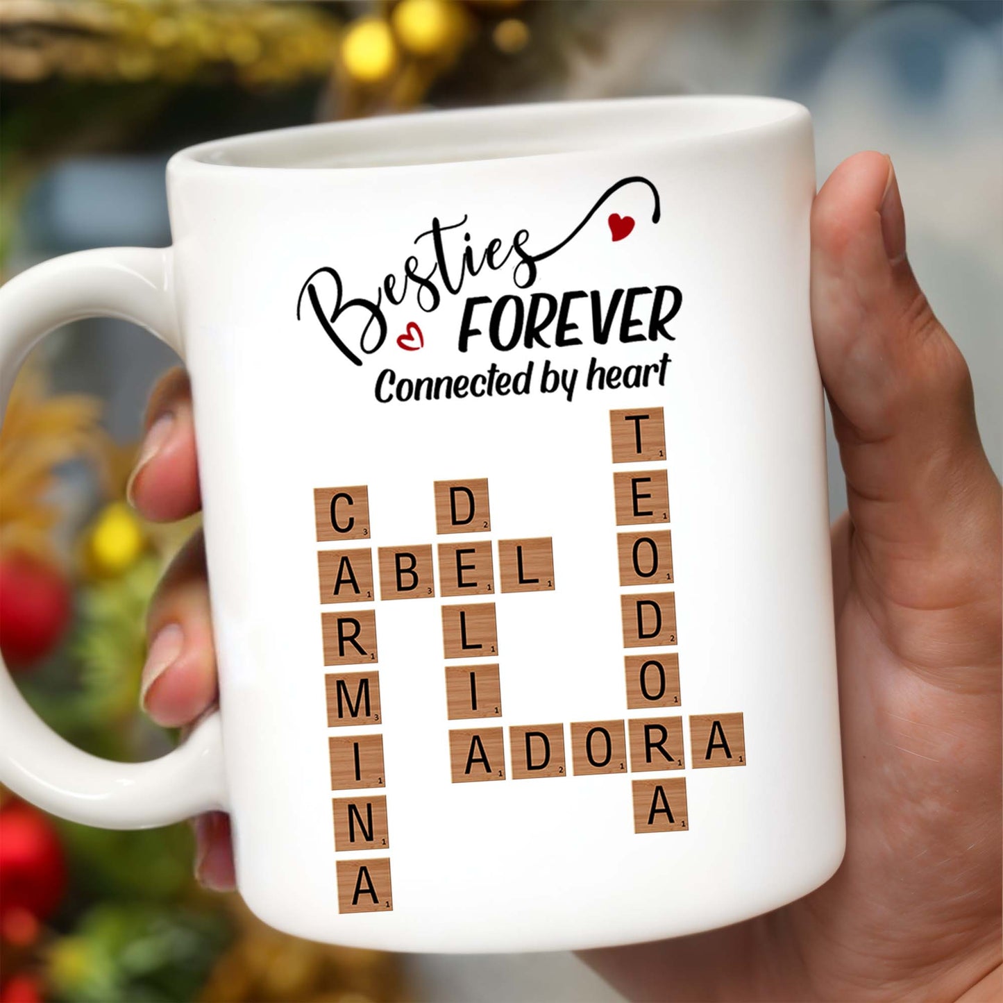 Besties Forever Connected By Heart Mug With Heart And Scrabble Tiles