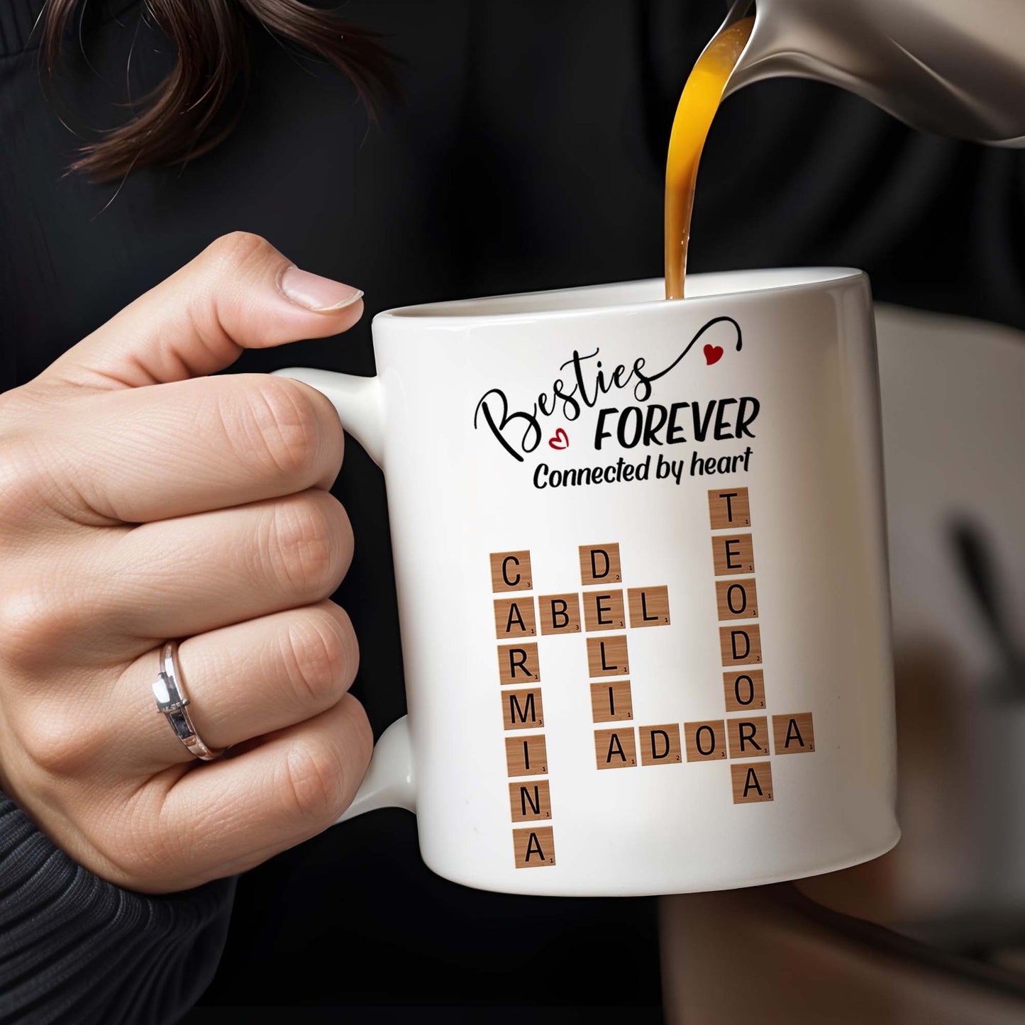 Besties Forever Connected By Heart Mug With Heart And Scrabble Tiles