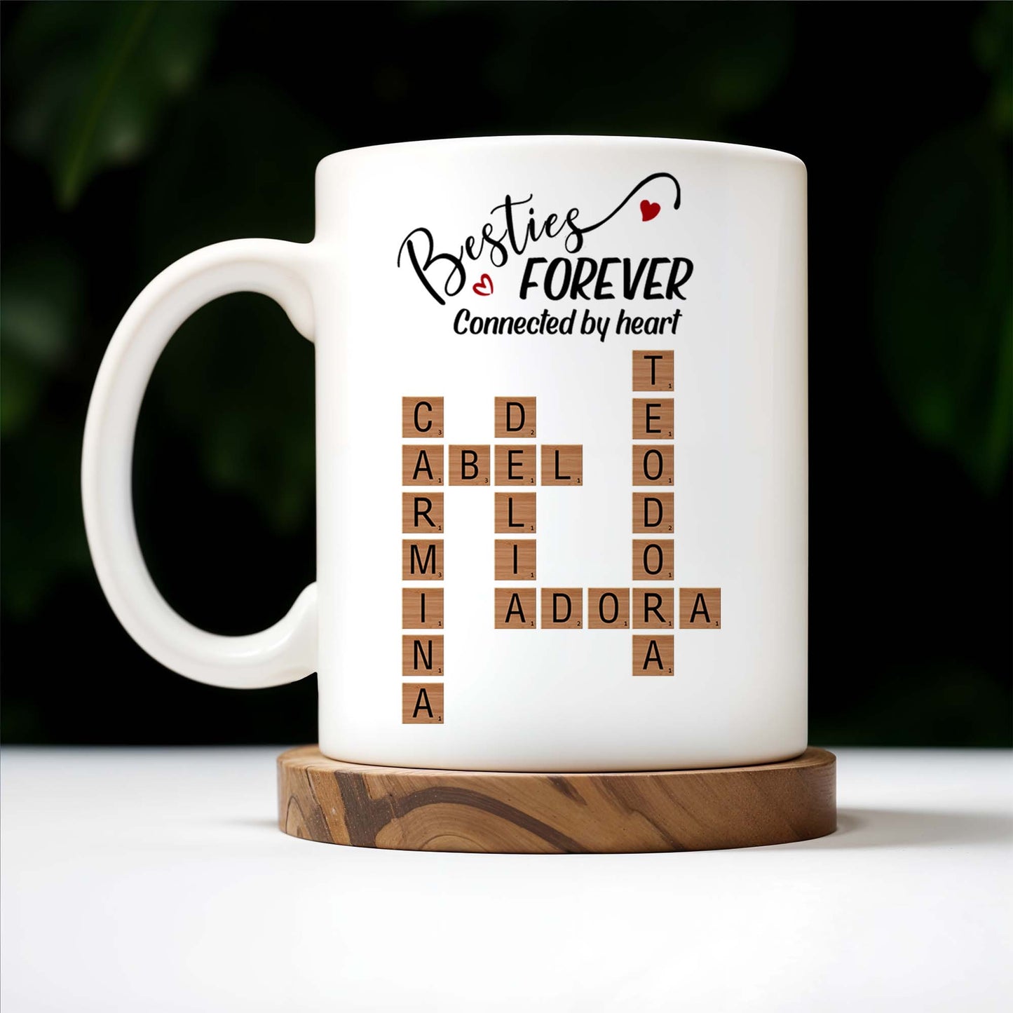 Besties Forever Connected By Heart Mug With Heart And Scrabble Tiles