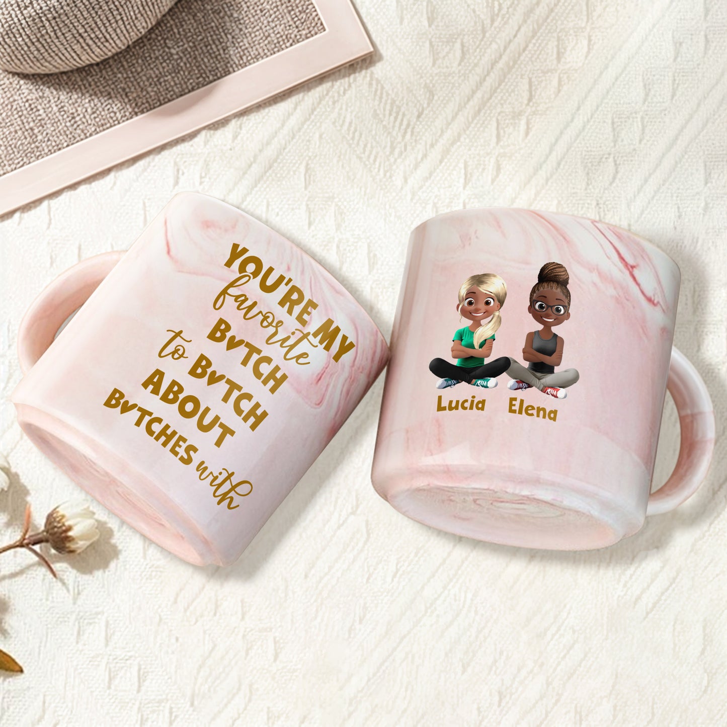 Favorite To Talk About Others With Cartoon Friends Design - Personalized Custom Pink Marble Mug - BST138_PMAM