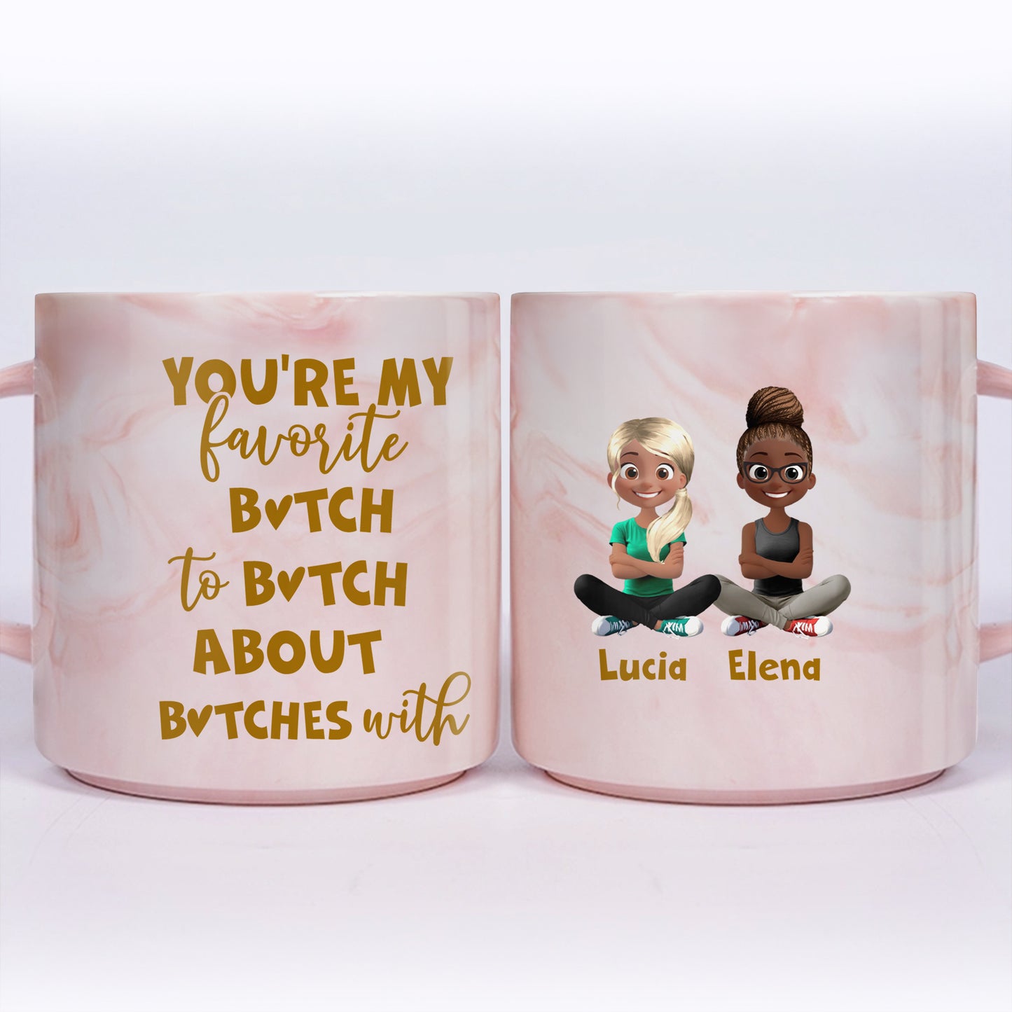 Favorite To Talk About Others With Cartoon Friends Design - Personalized Custom Pink Marble Mug - BST138_PMAM
