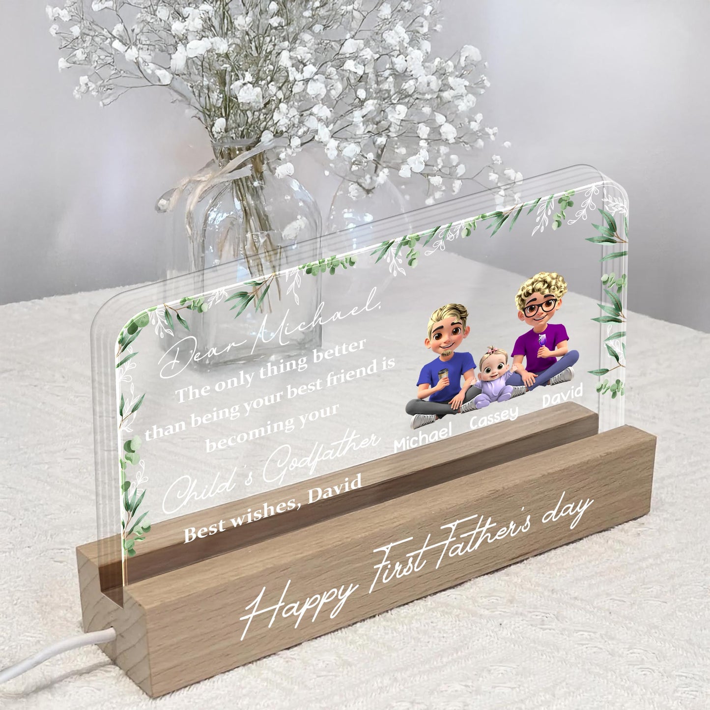 Dear Michael, The Only Thing Better Than Being Your Best Friend Is Becoming Your Child's Godfather, Family and Leaves - Personalized LED Night Light With Wooden Base - BST145_LEWO
