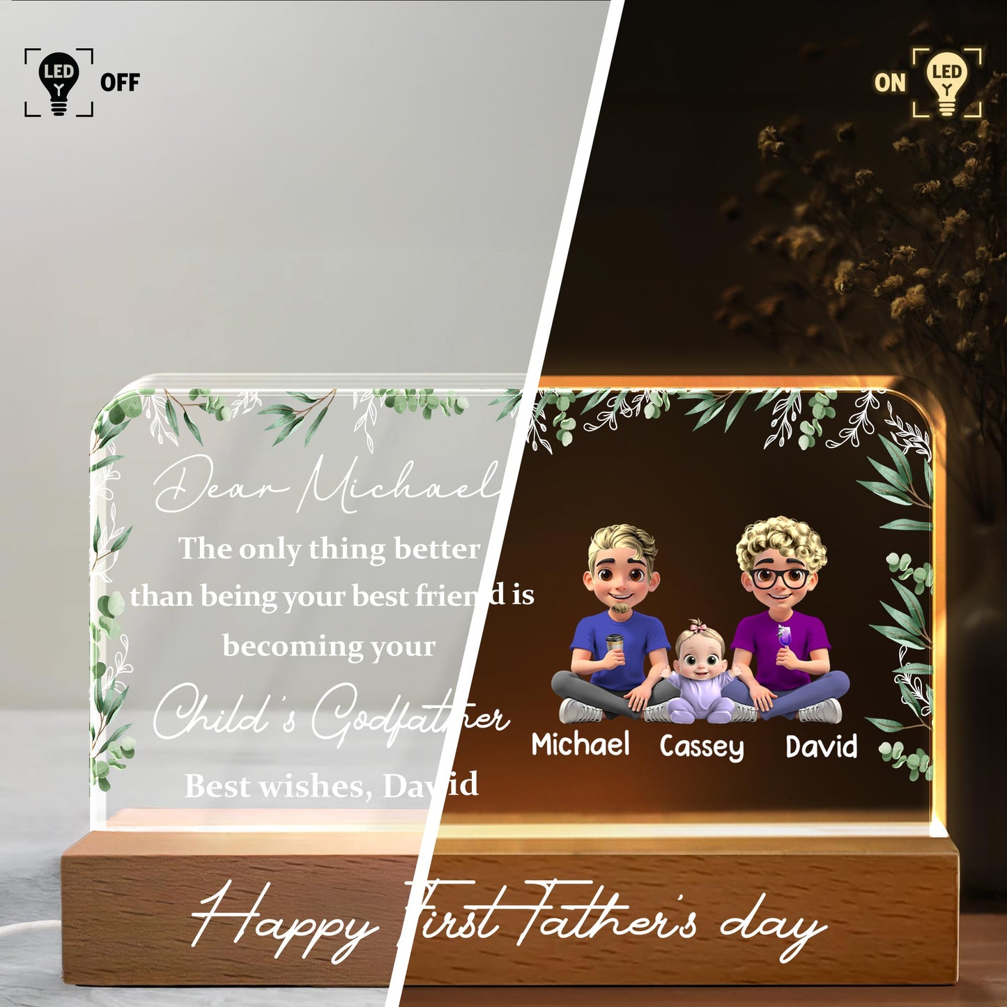 Dear Michael, The Only Thing Better Than Being Your Best Friend Is Becoming Your Child's Godfather, Family and Leaves - Personalized LED Night Light With Wooden Base - BST145_LEWO