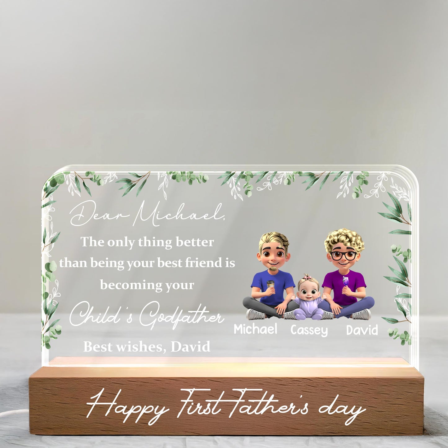 Dear Michael, The Only Thing Better Than Being Your Best Friend Is Becoming Your Child's Godfather, Family and Leaves - Personalized LED Night Light With Wooden Base - BST145_LEWO