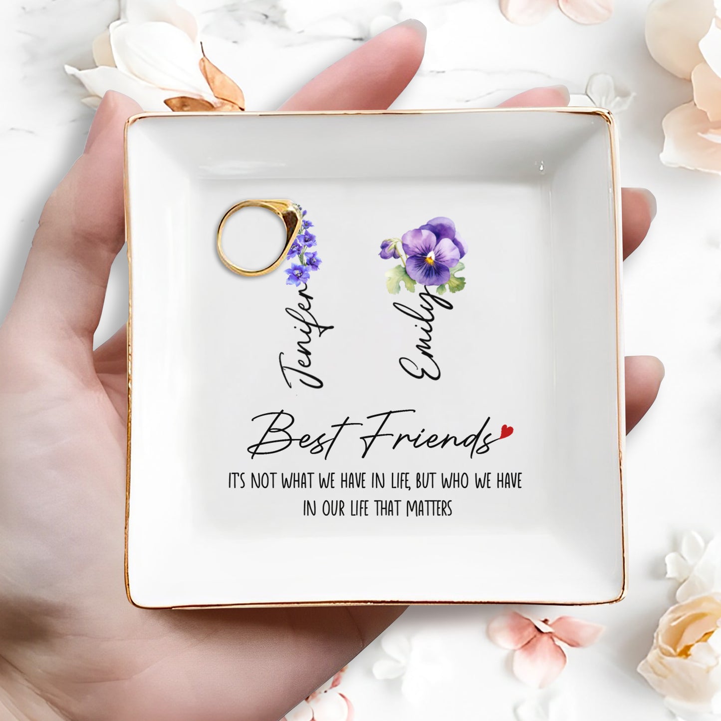 Best Friends, Life That Matters, Flowers - Personalized Custom Jewelry Dish, Square Ceramic Dish - BST169_SCRD