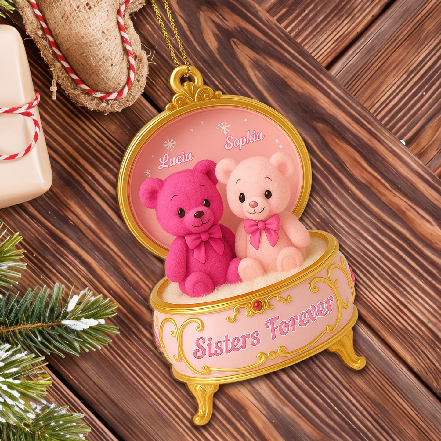 Sister Forever Teddy Bears Music Box - Personalized Custom Wood Ornament, Custom Shaped - BST203_WDO