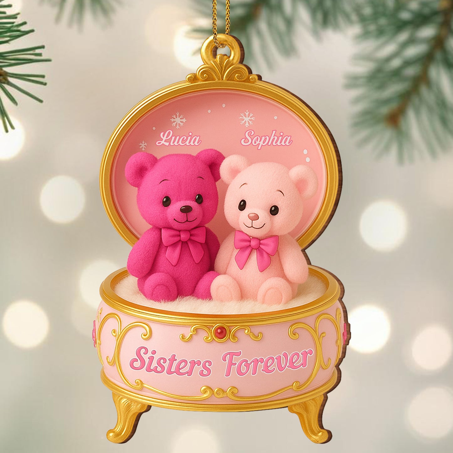 Sister Forever Teddy Bears Music Box - Personalized Custom Wood Ornament, Custom Shaped - BST203_WDO