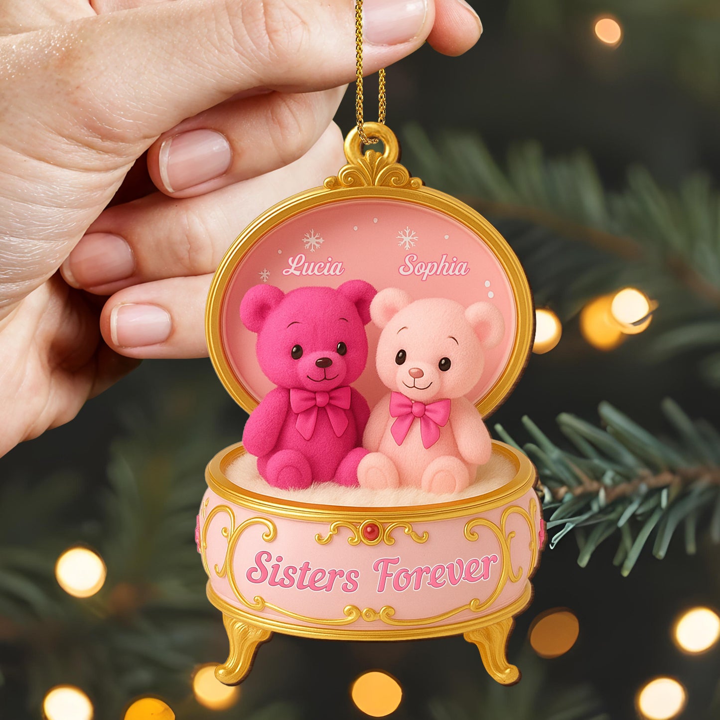 Sister Forever Teddy Bears Music Box - Personalized Custom Wood Ornament, Custom Shaped - BST203_WDO